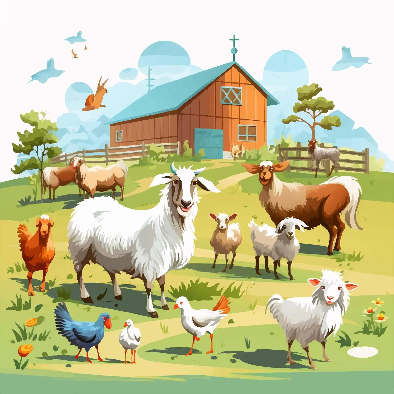 Farm Scene with Goats and Chickens Vector — free download from Dotvec