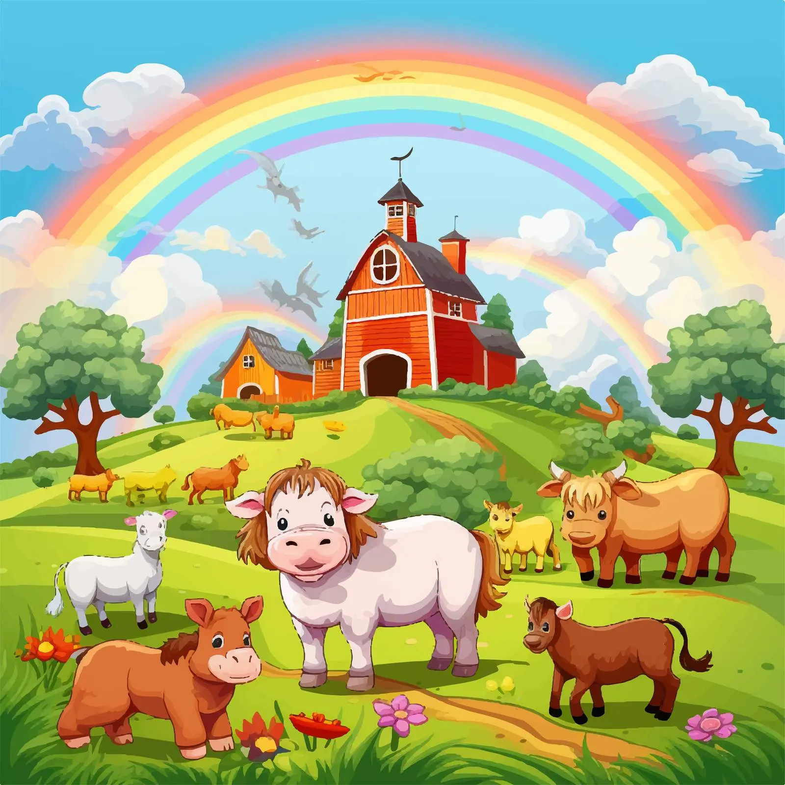 Colorful Farm Scene with Animals and Rainbow — free download from Dotvec