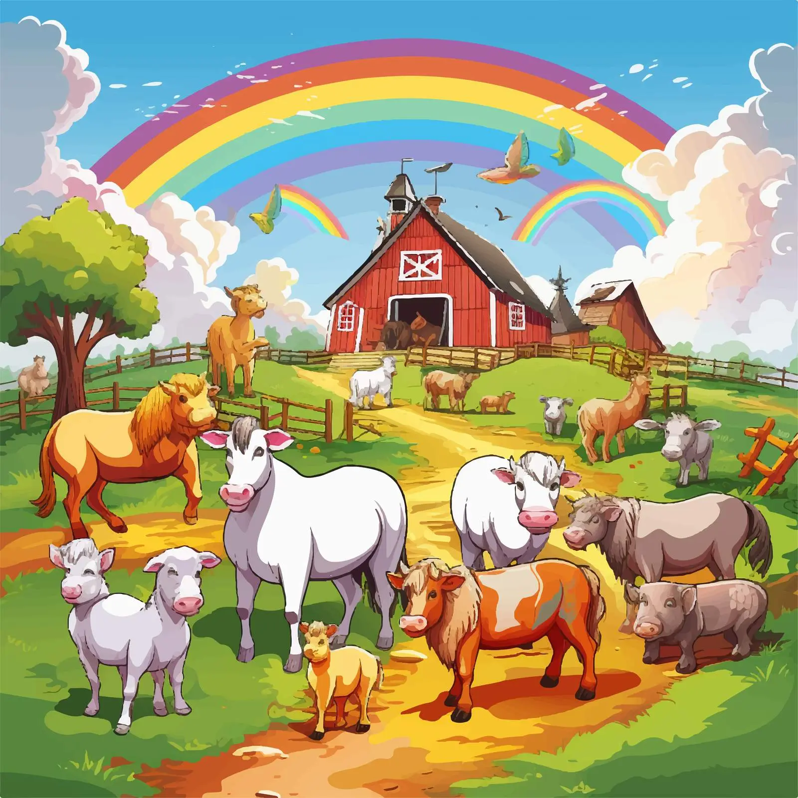 Farm Scene with Animals and Rainbow Illustration — free download from Dotvec