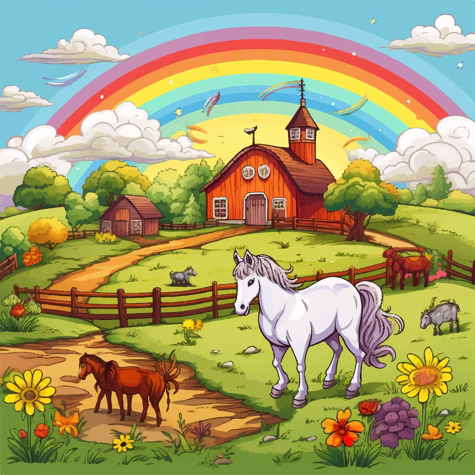 Farm Illustration with Animals and Rainbow — free download from Dotvec