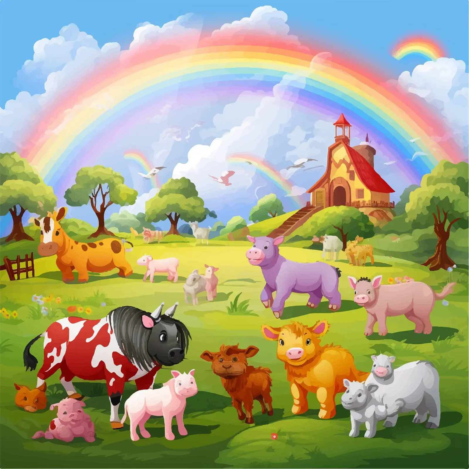Farm Scene with Animals and Rainbow Illustration — free download from Dotvec