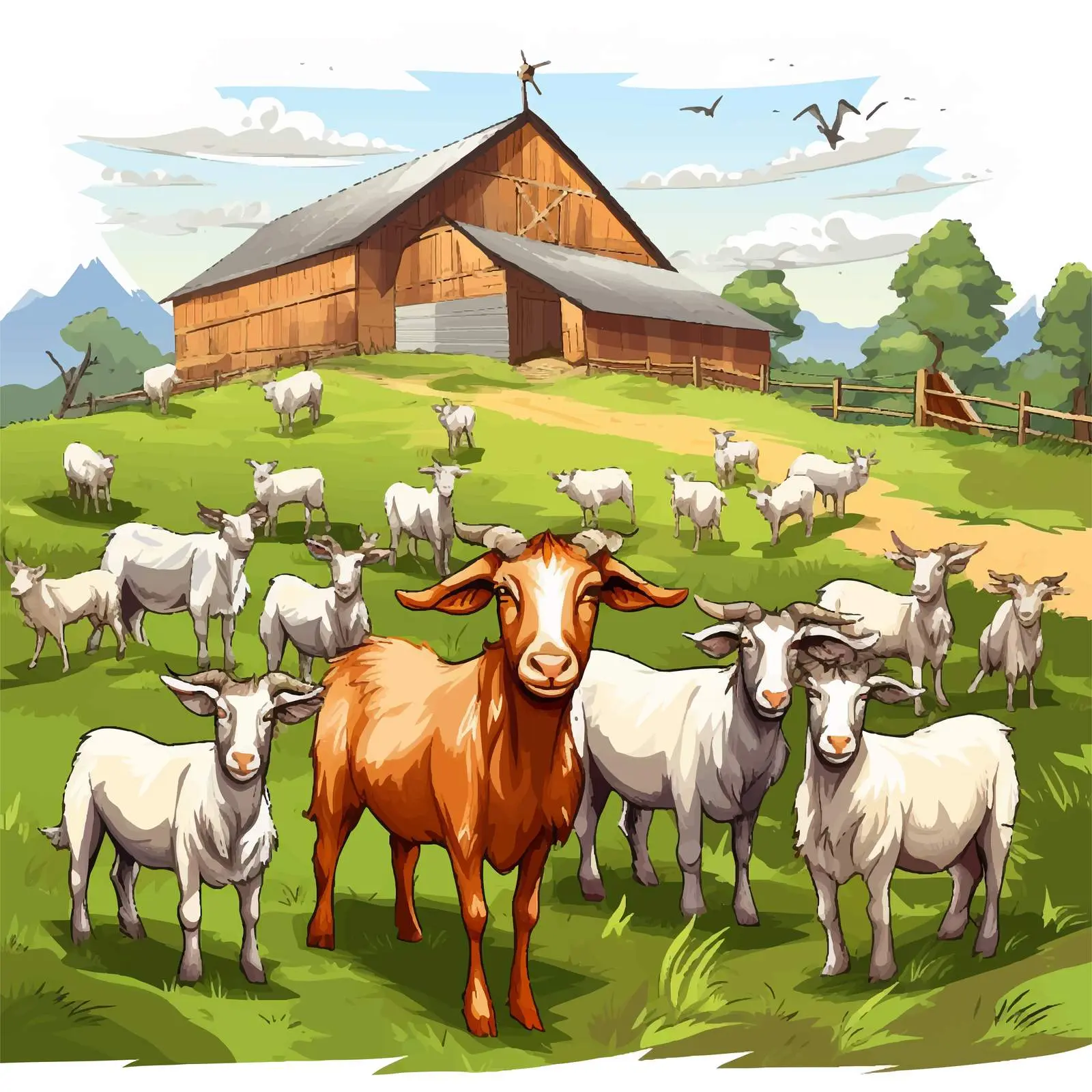 Cartoon Farm Scene Featuring Many Goats — free download from Dotvec