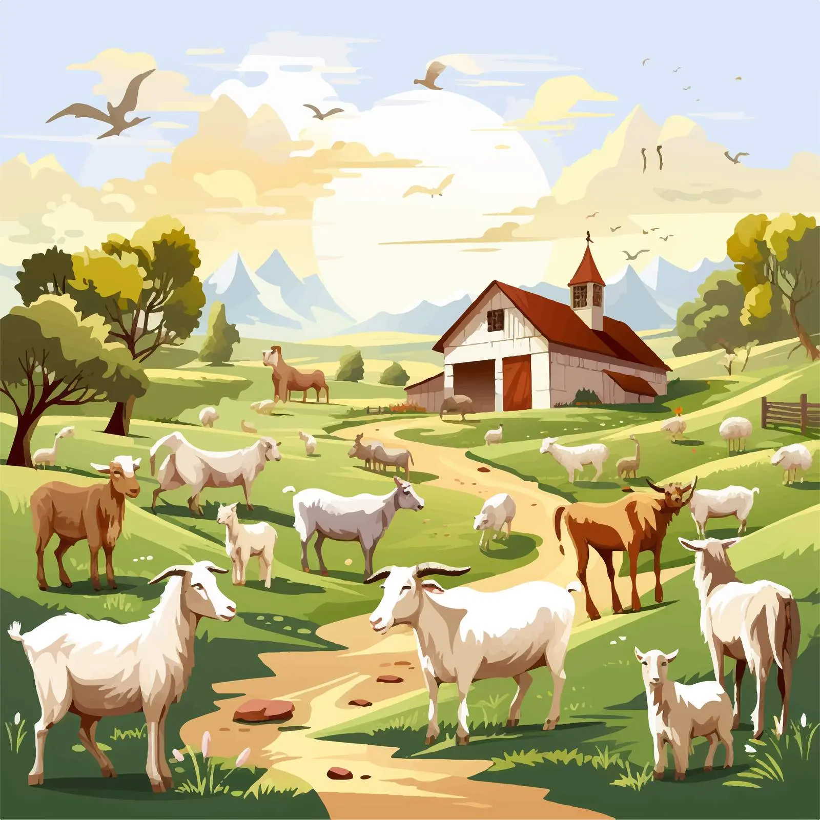 Cartoon Farm Scene with Goats Illustration — free download from Dotvec