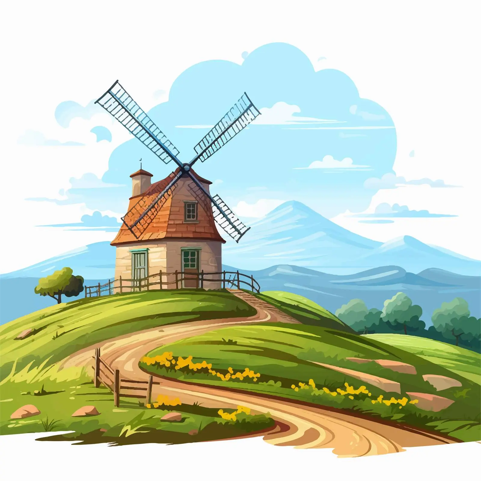 Farmhouse Illustration with Hills and Windmill – free farm structure image from Dotvec