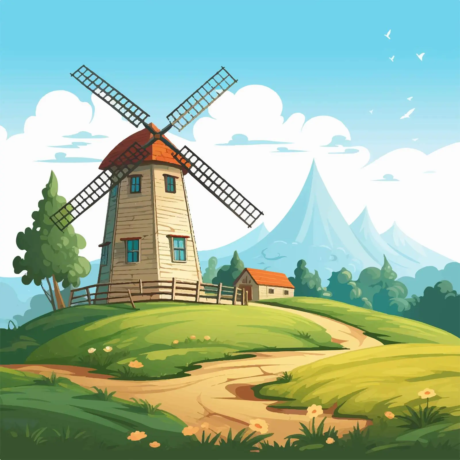 Scenic Farmhouse and Windmill Illustration — free download from Dotvec