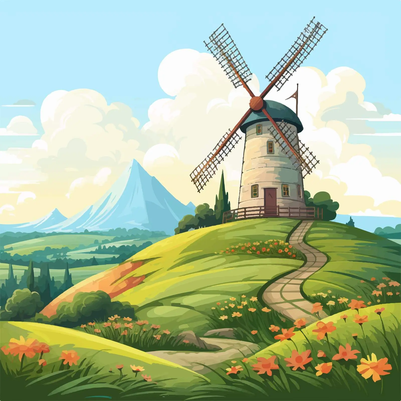 Farmhouse Landscape with Windmill Illustration — free download from Dotvec