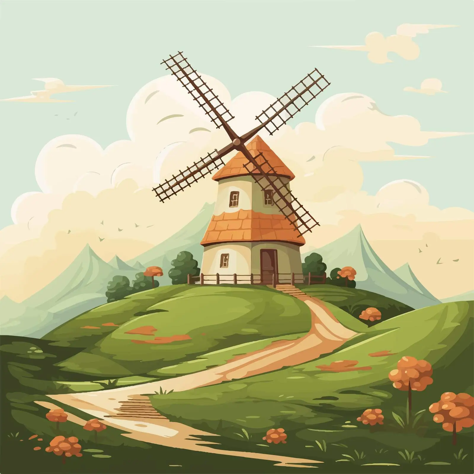 Scenic Farmhouse with Windmill Above Hills — free download from Dotvec