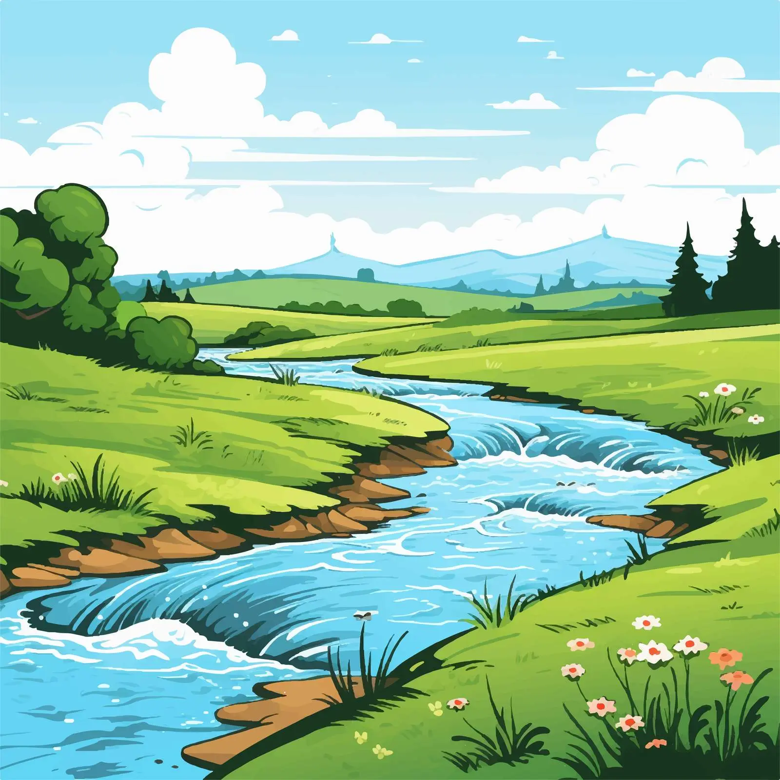 Field Landscape with River Vector Illustration – free tranquil environment image from Dotvec