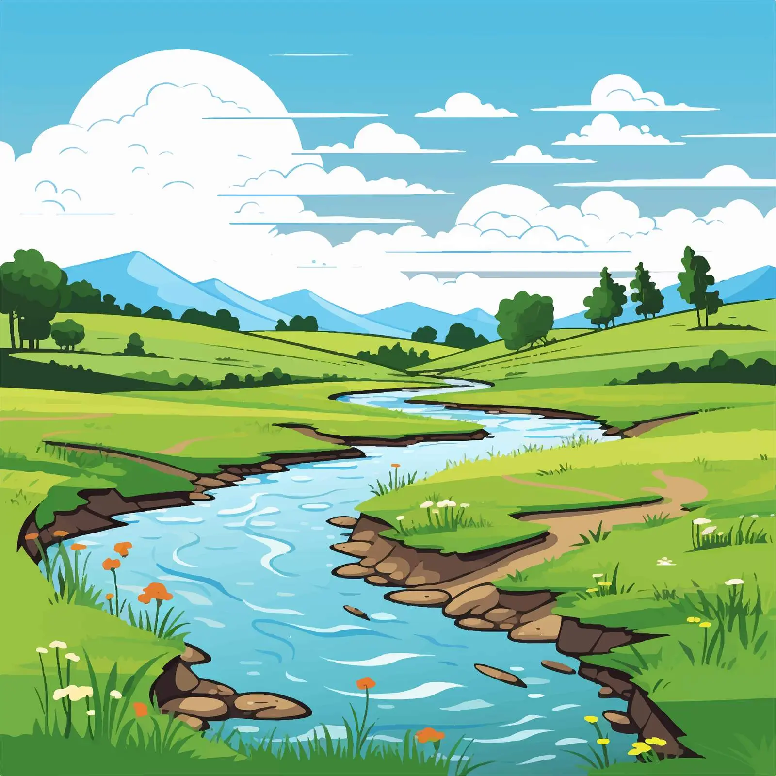 Field Landscape with River Vector Illustration — free download from Dotvec
