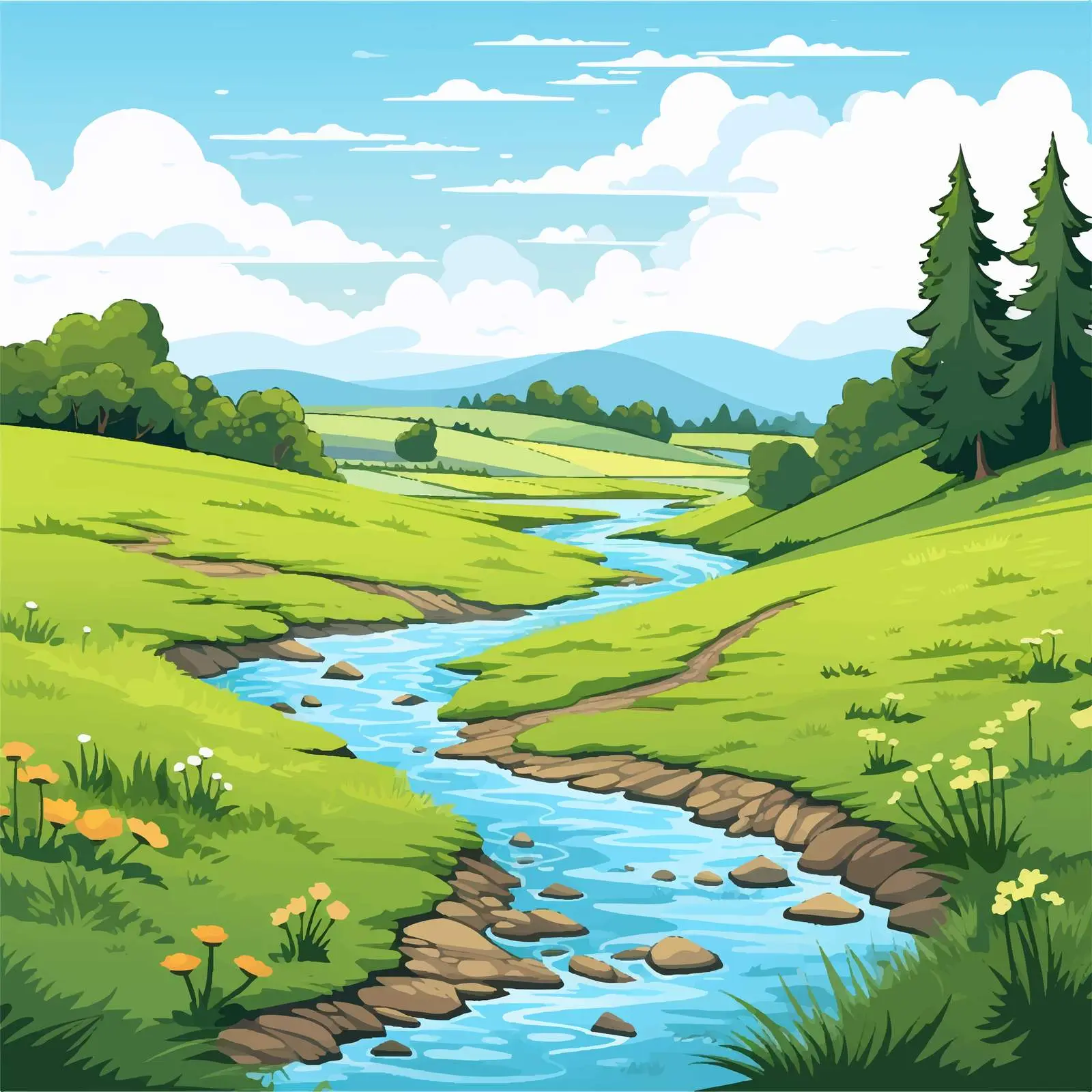 Field Landscape with River Vector Illustration — free download from Dotvec