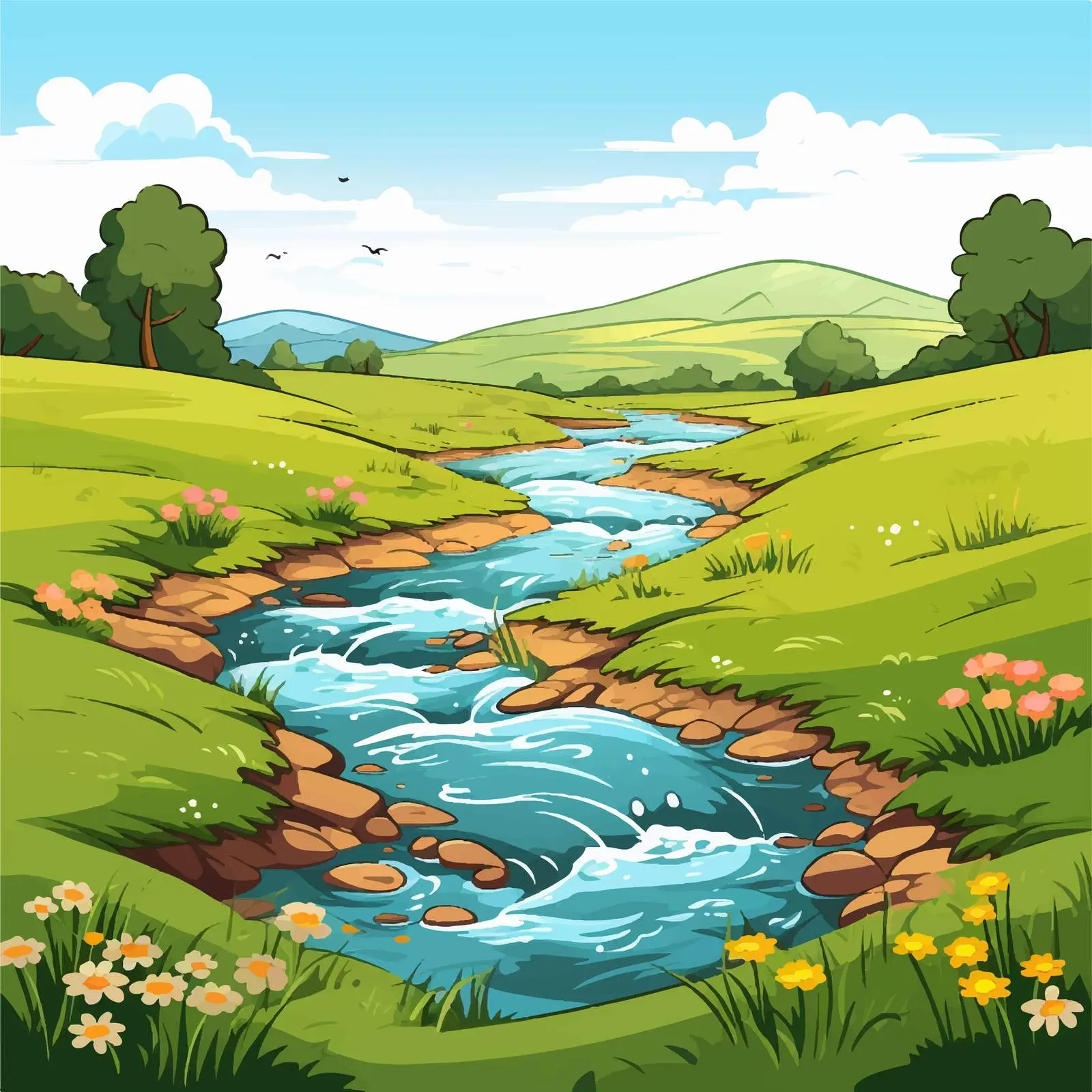 Serene River Running Through Lush Field Vector — free download from Dotvec
