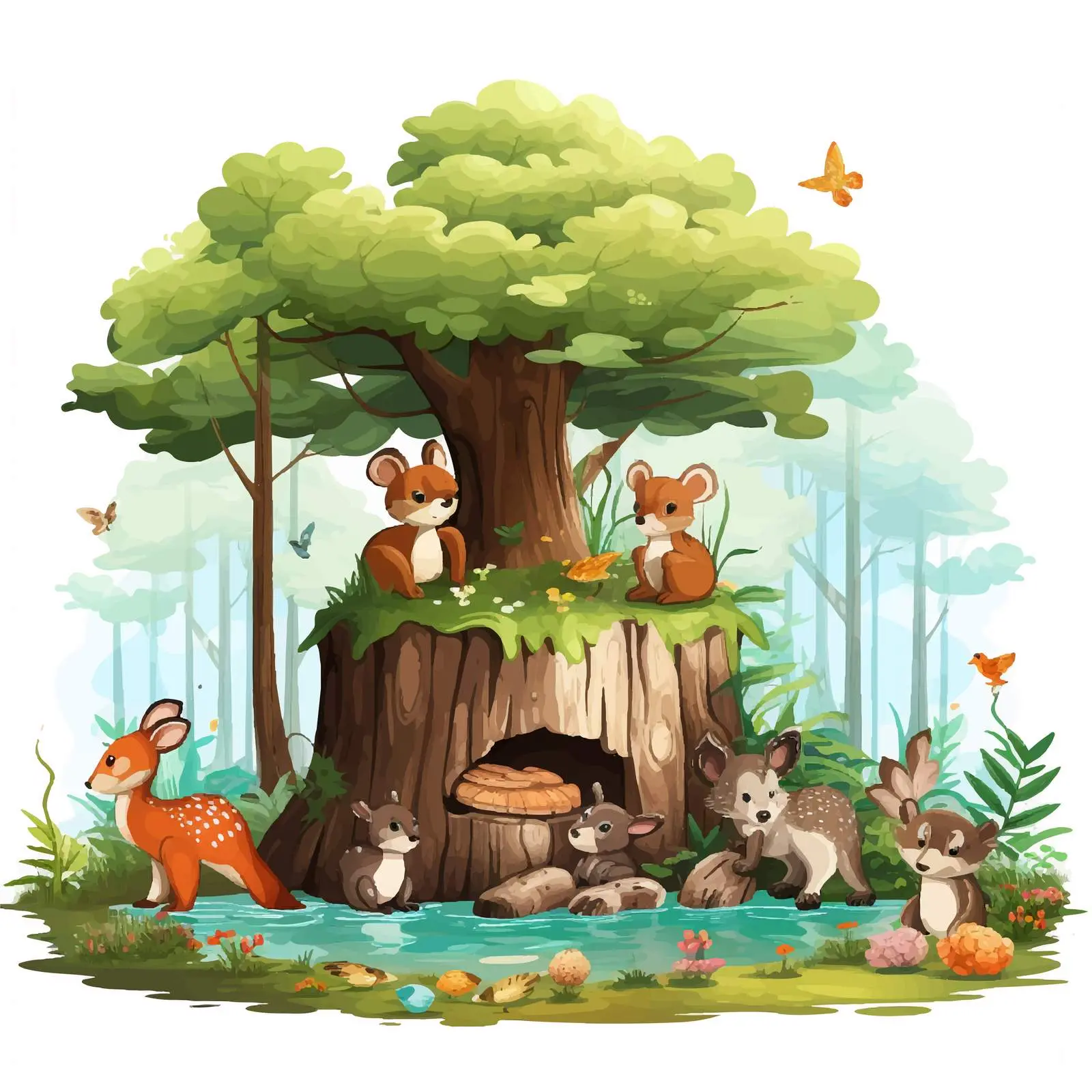 Vibrant Forest Scene with Various Animals – free natural setting image from Dotvec