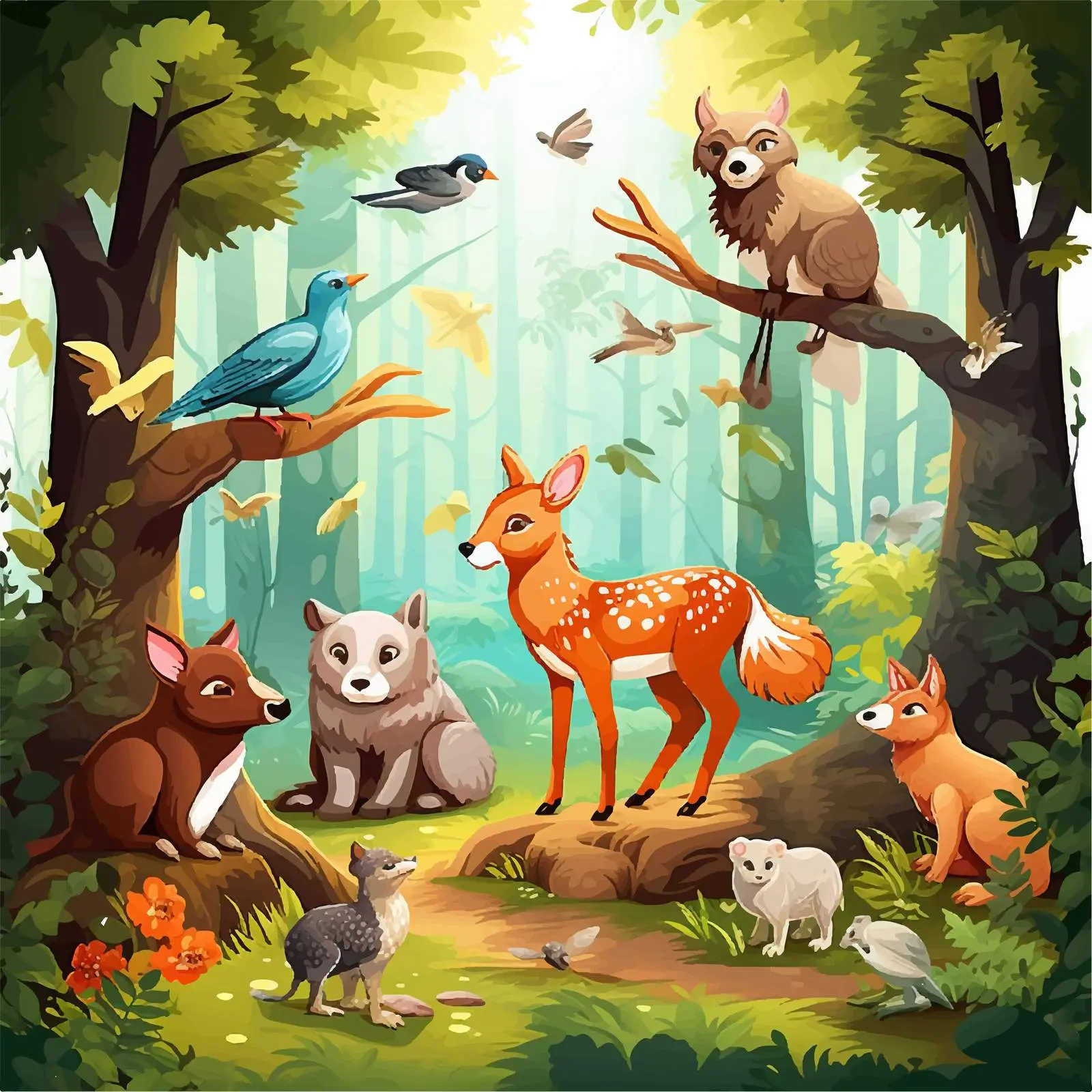 Forest Scene with Diverse Animals Illustration – free forest floor image from Dotvec