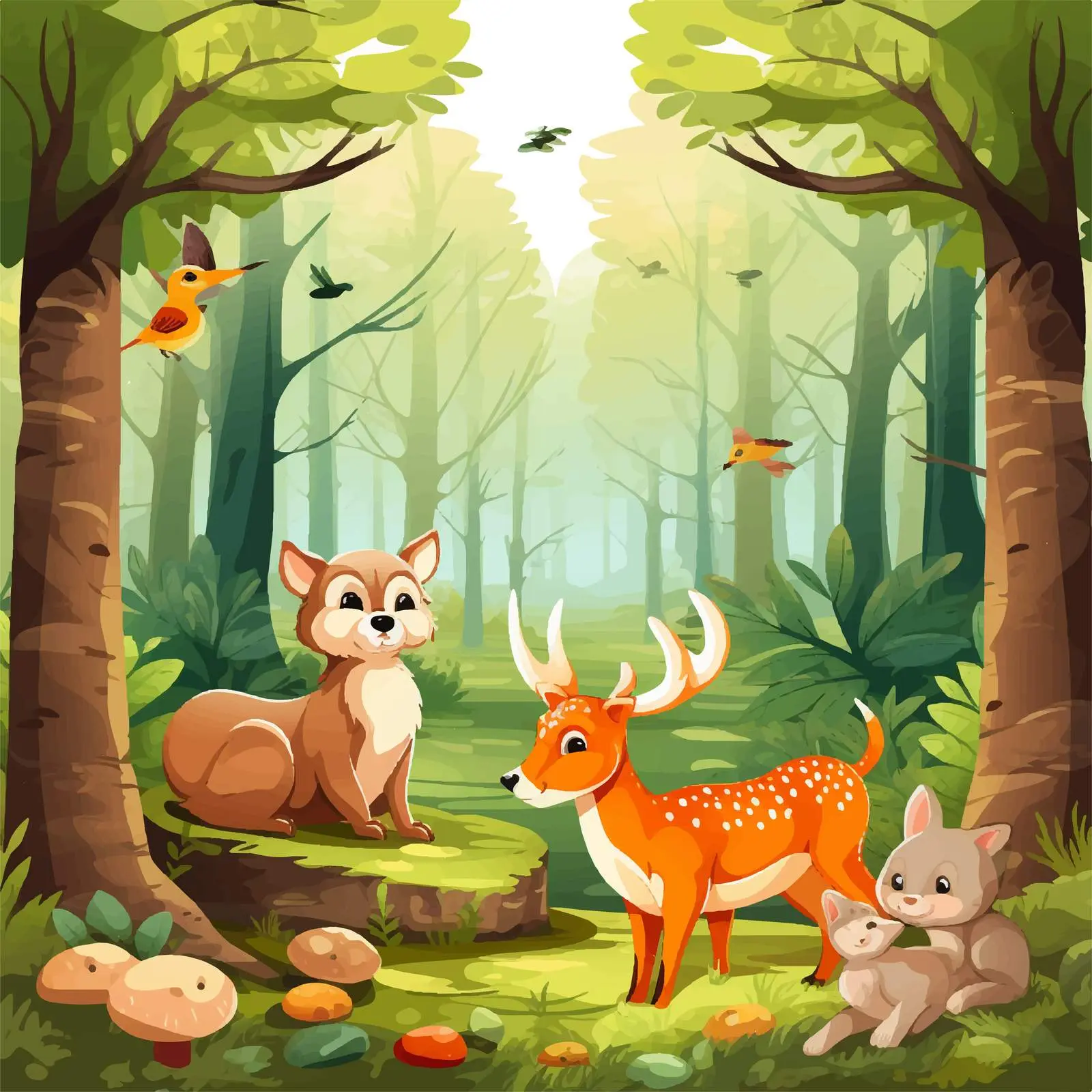 Forest Scene with Various Animals Illustration – free forest life image from Dotvec
