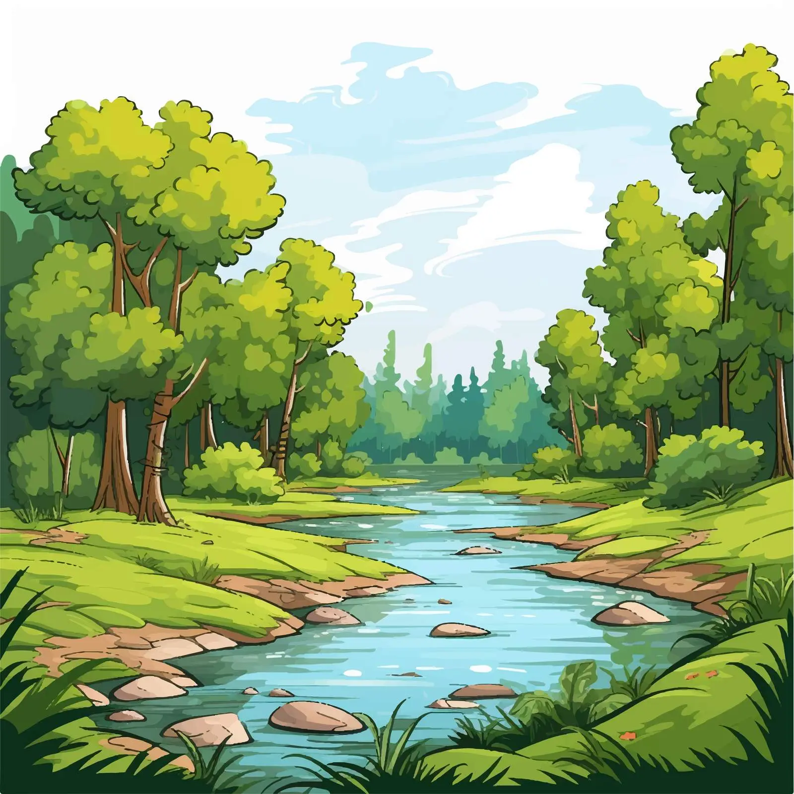 Cartoon Forest Illustration with River — free download from Dotvec