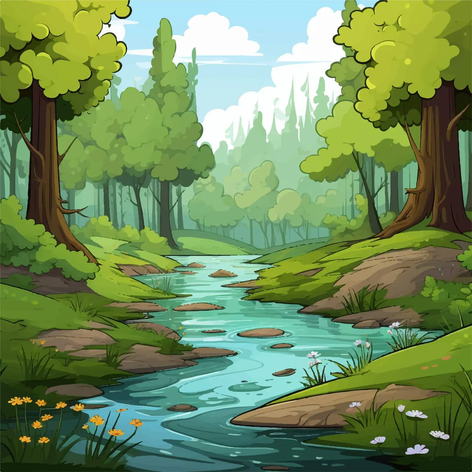 Cartoon Forest and River Vector Illustration — free download from Dotvec
