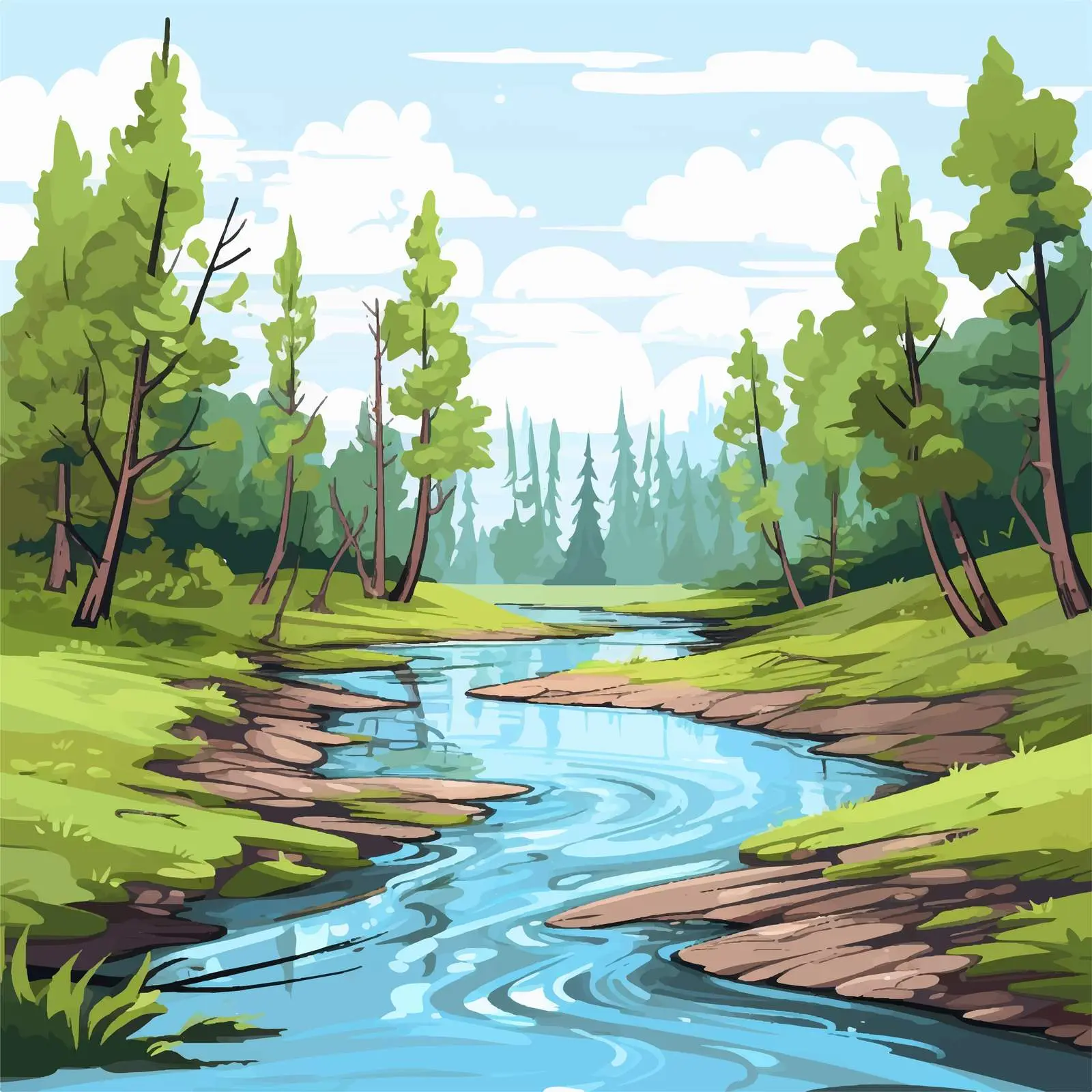 Cartoon Forest River Vector Illustration — free download from Dotvec