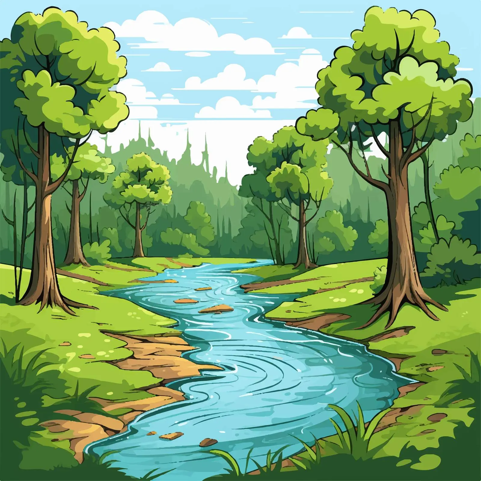 Cartoon Forest Scene with River Illustration — free download from Dotvec