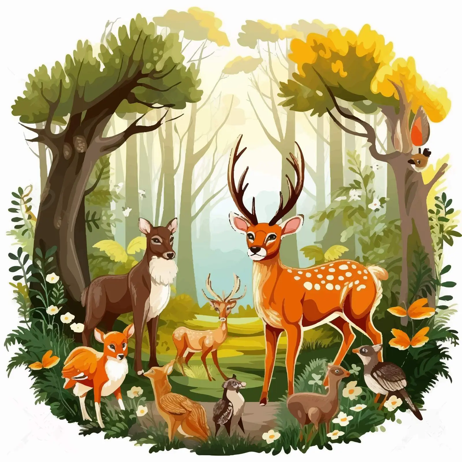 Cartoon Forest Scene with Animals Vector Illustration — free download from Dotvec