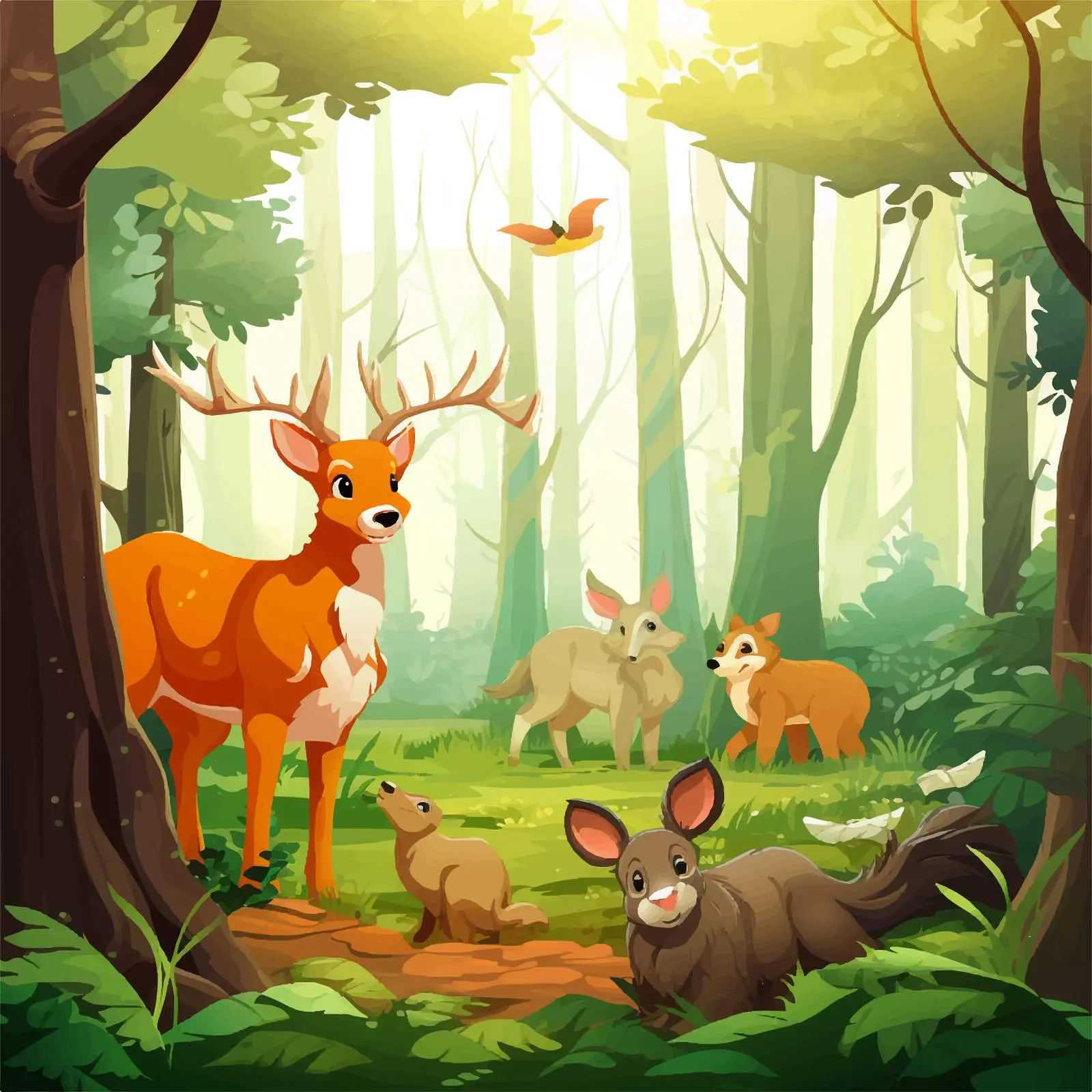 Cartoon Forest Scene with Animals Vector Illustration — free download from Dotvec