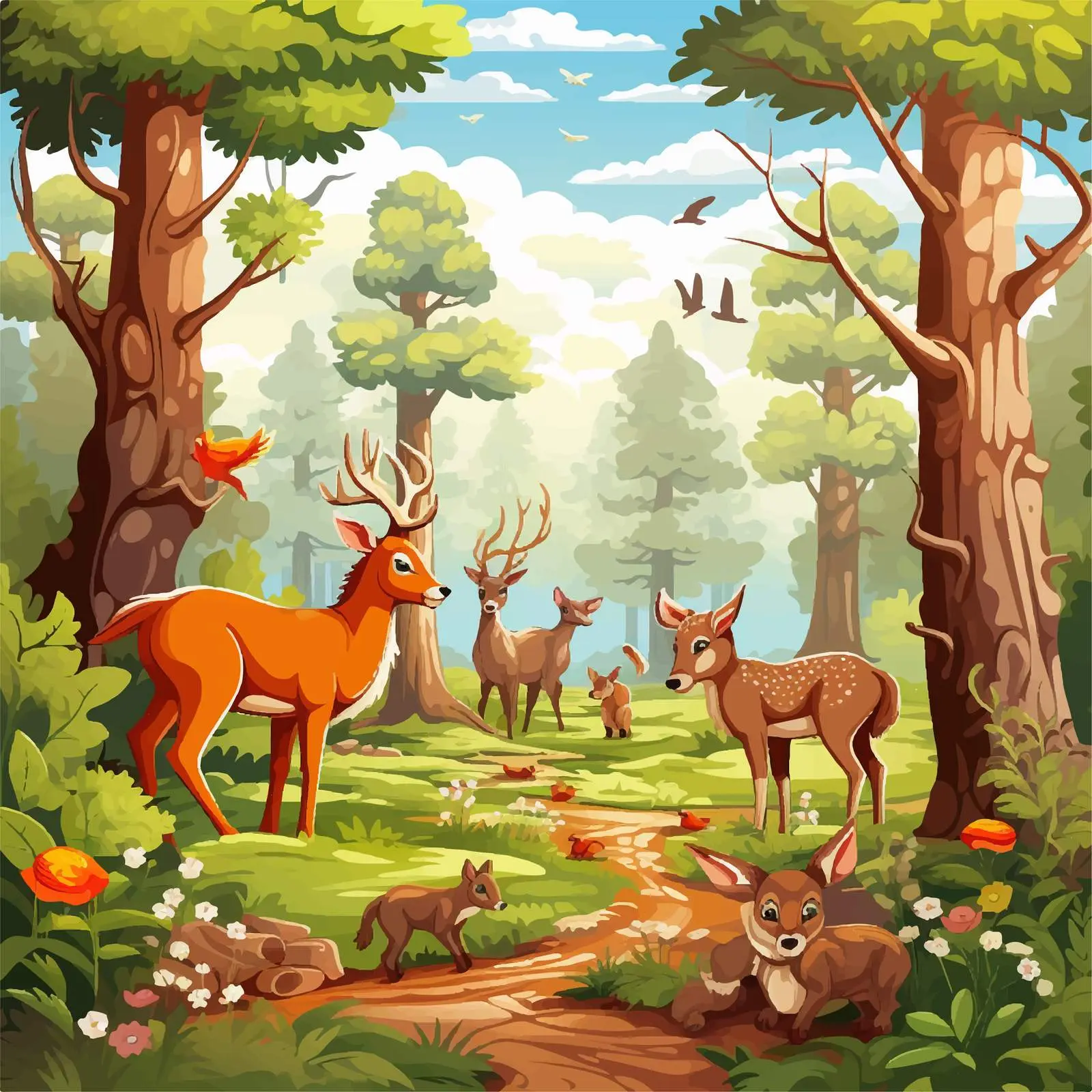 Cartoon Forest Scene with Woodland Animals – free forest life image from Dotvec