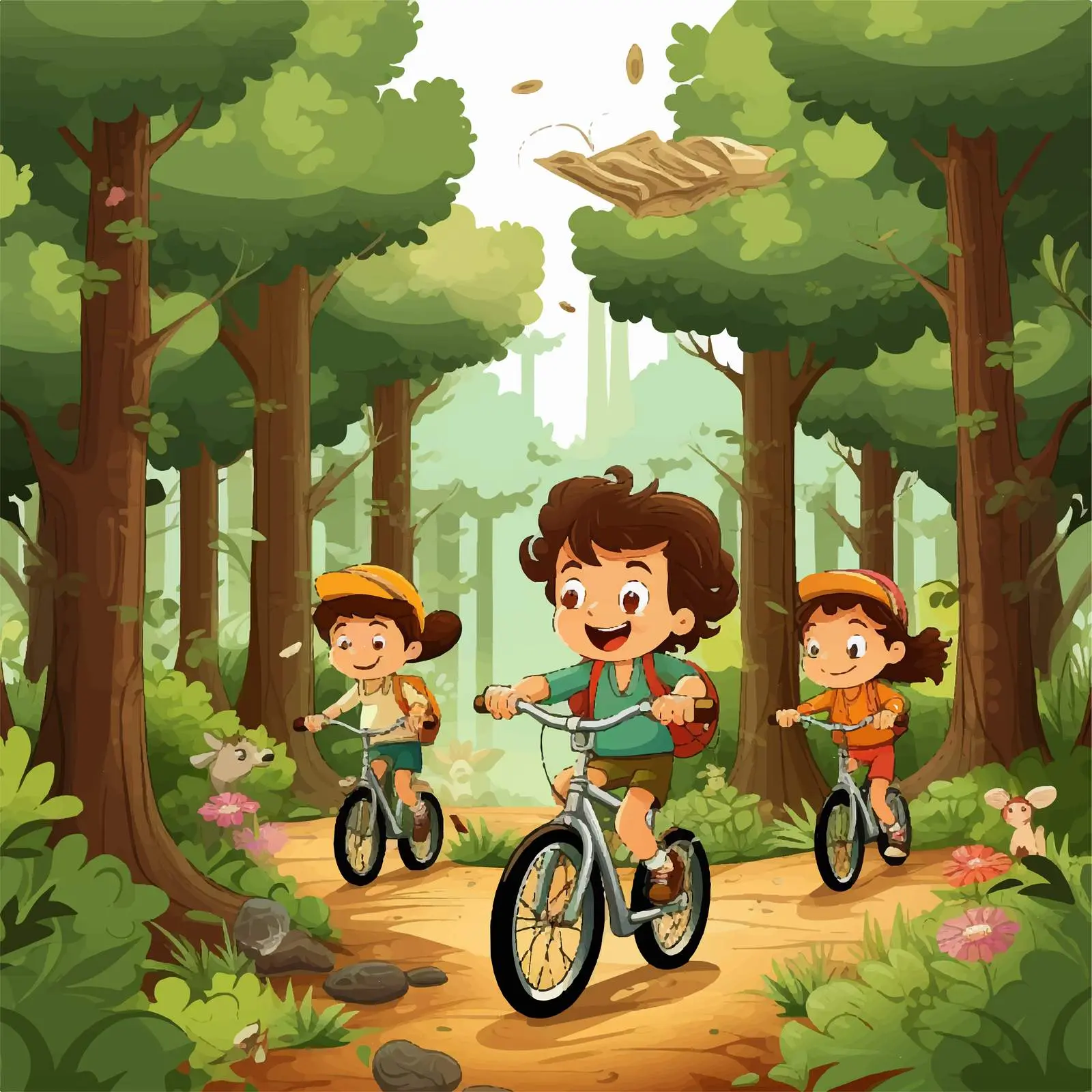 Kids Riding Bike in Forest Vector Illustration — free download from Dotvec