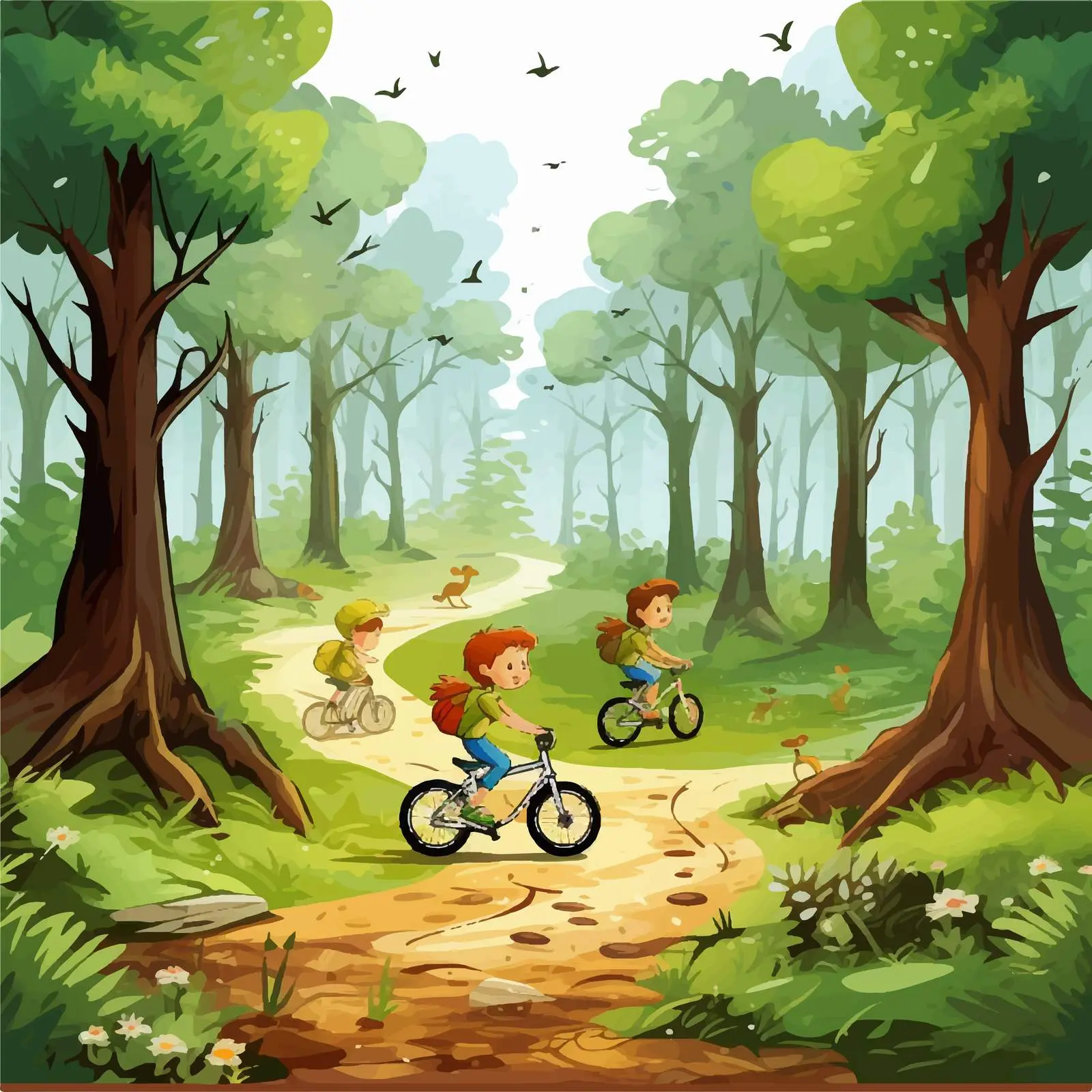 Kids Riding Bike in Lush Forest Illustration – free ties image from Dotvec