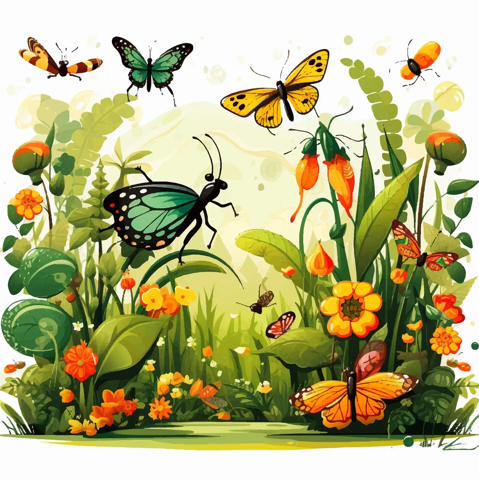 Garden Illustration with Insects Vector Art — free download from Dotvec