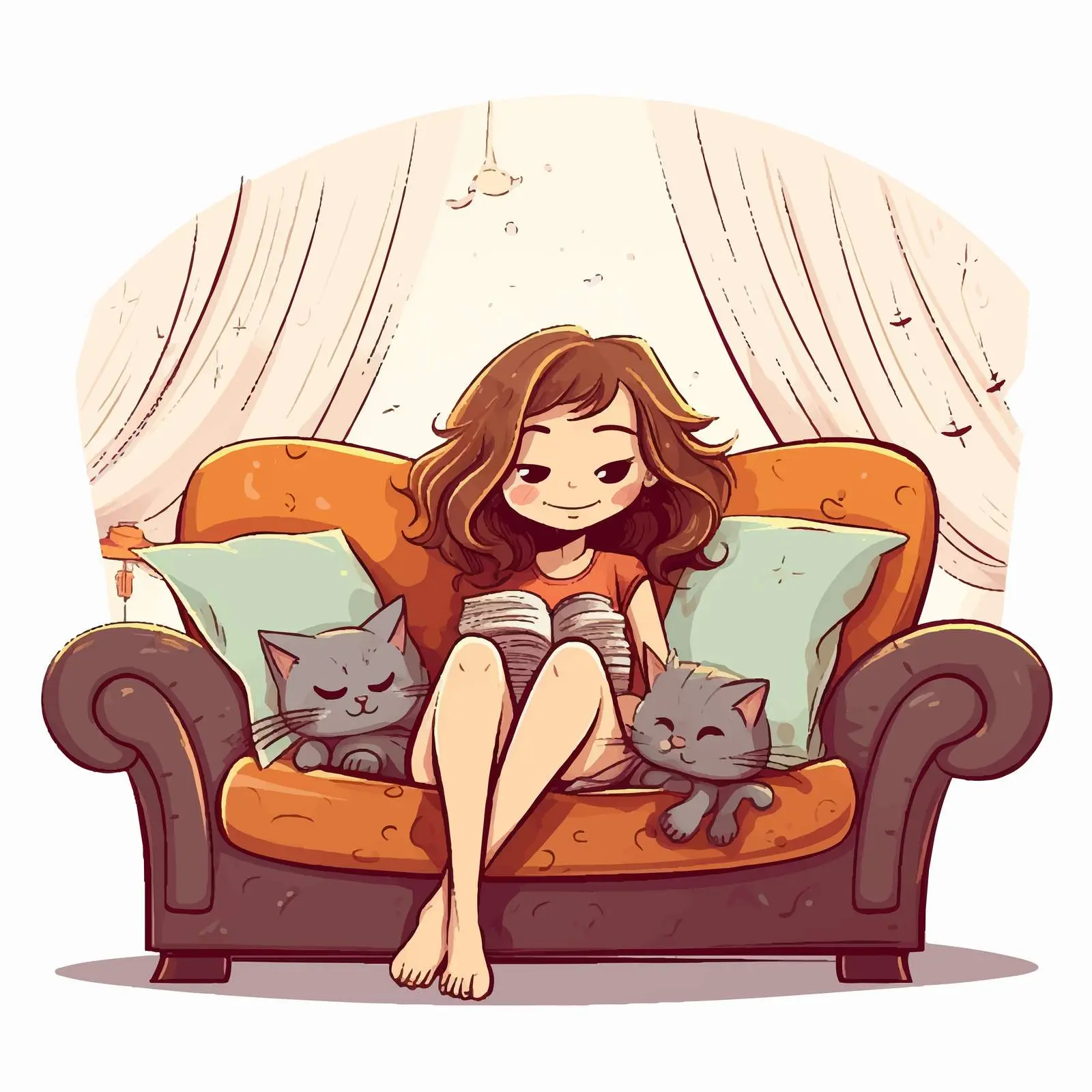 Girl and Cat Illustration on Sofa — free download from Dotvec