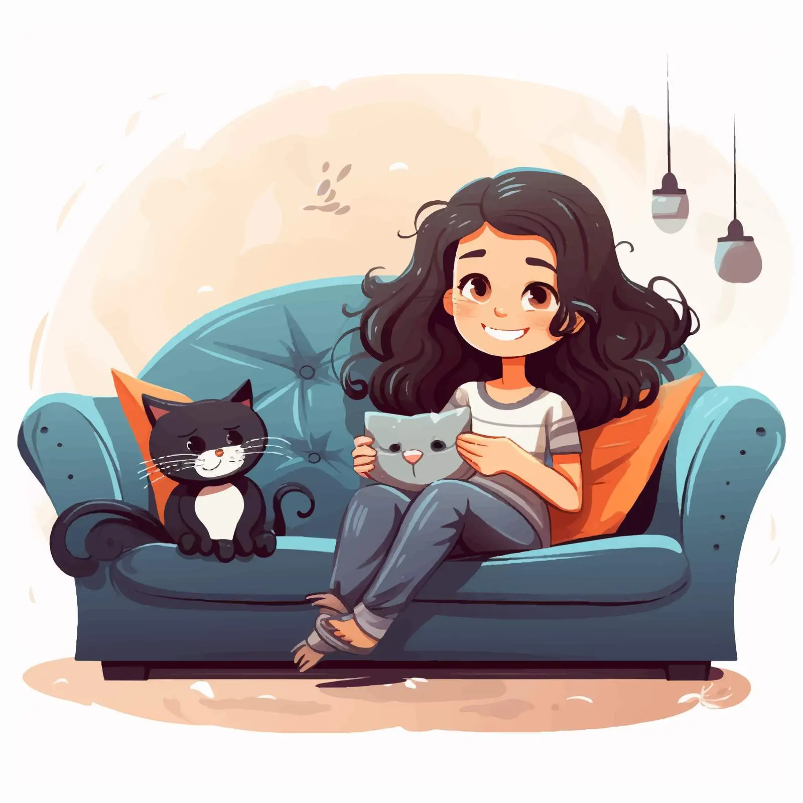 Girl and Cat Relaxing on a Sofa Vector — free download from Dotvec