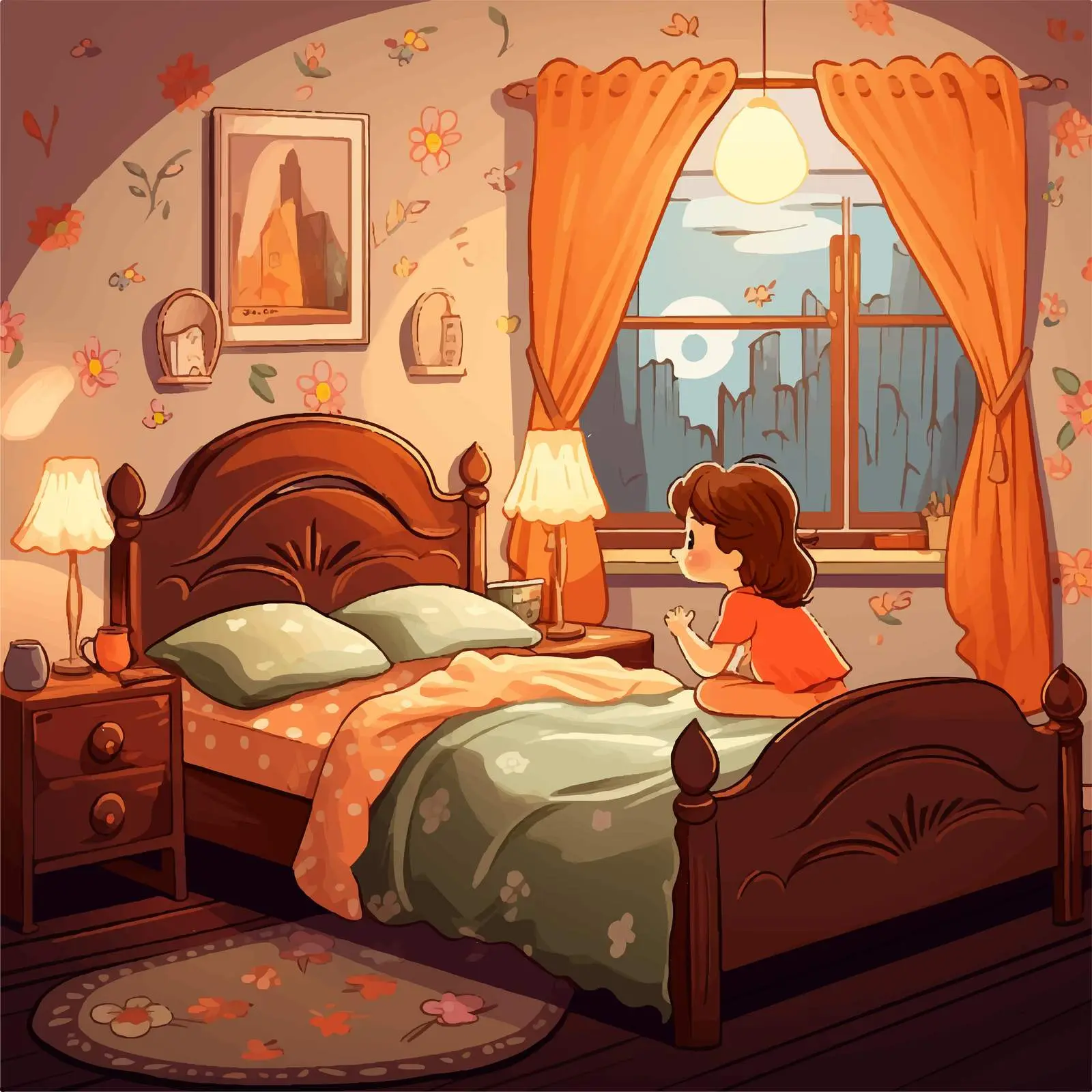 Girl in Beautiful Bedroom Vector Illustration — free download from Dotvec