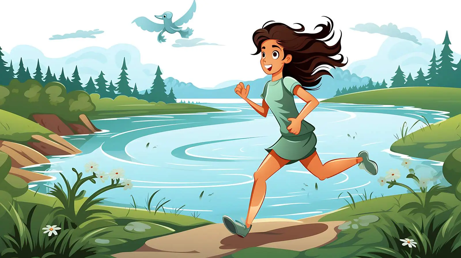 Girl Running Along River Illustration — free download from Dotvec