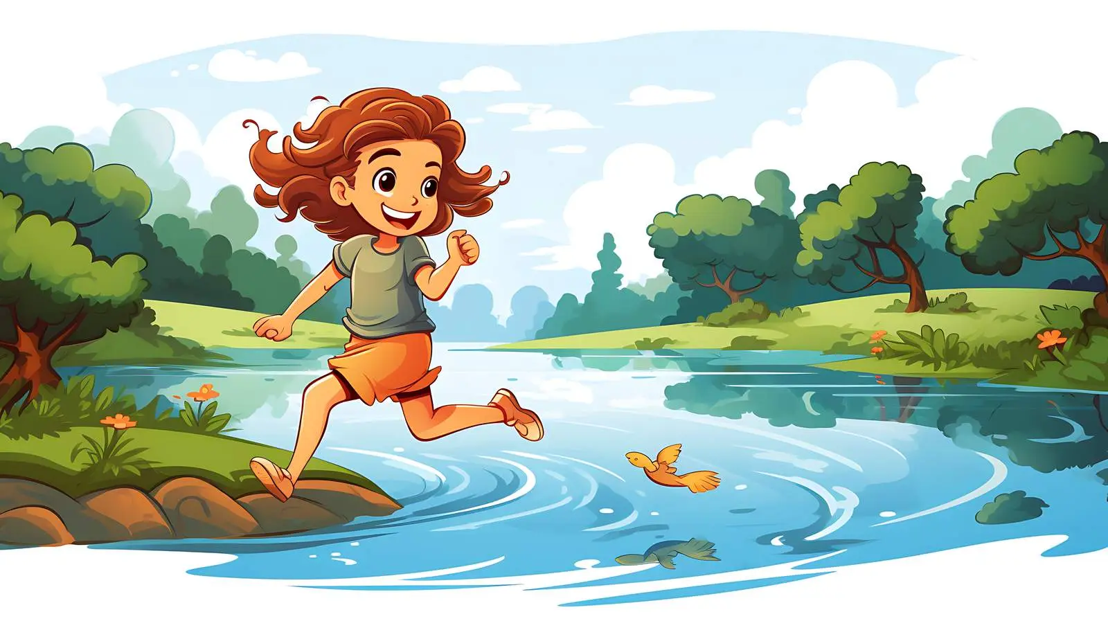 Girl Running Along River Illustration — free download from Dotvec