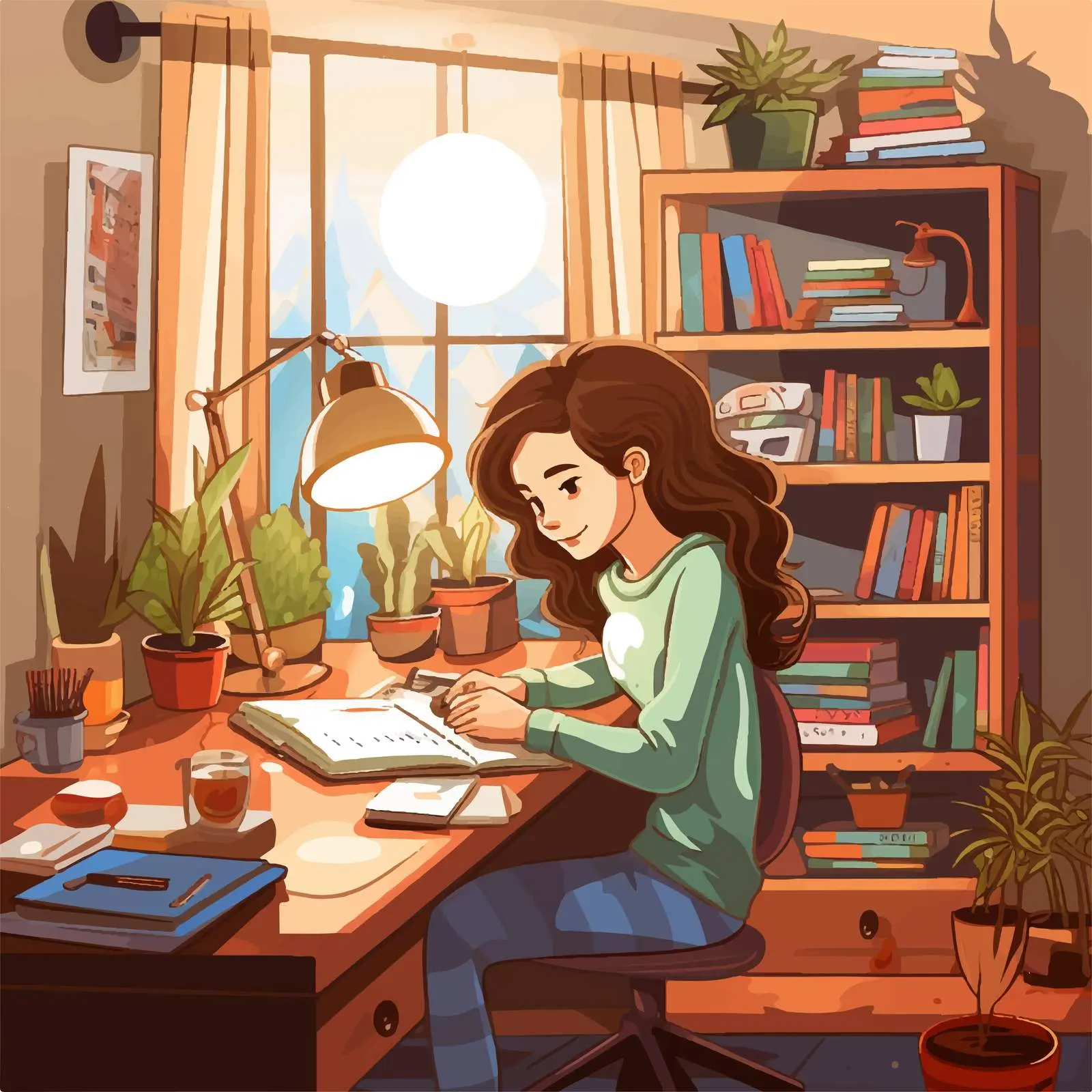 Girl Studying in Her Room Vector Illustration — free download from Dotvec