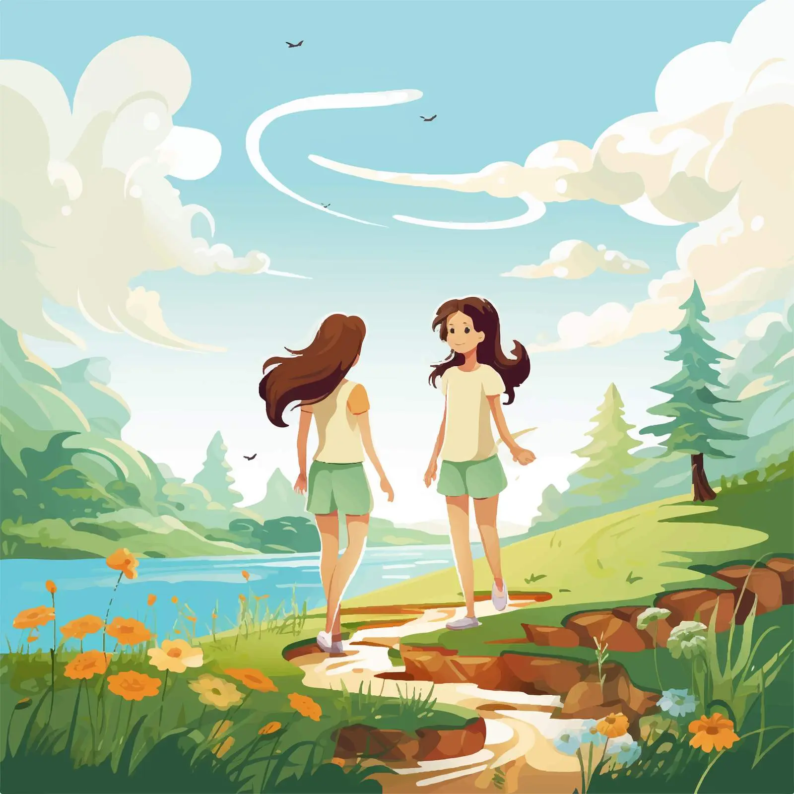 Girls in Beautiful Nature Vector Illustration — free download from Dotvec