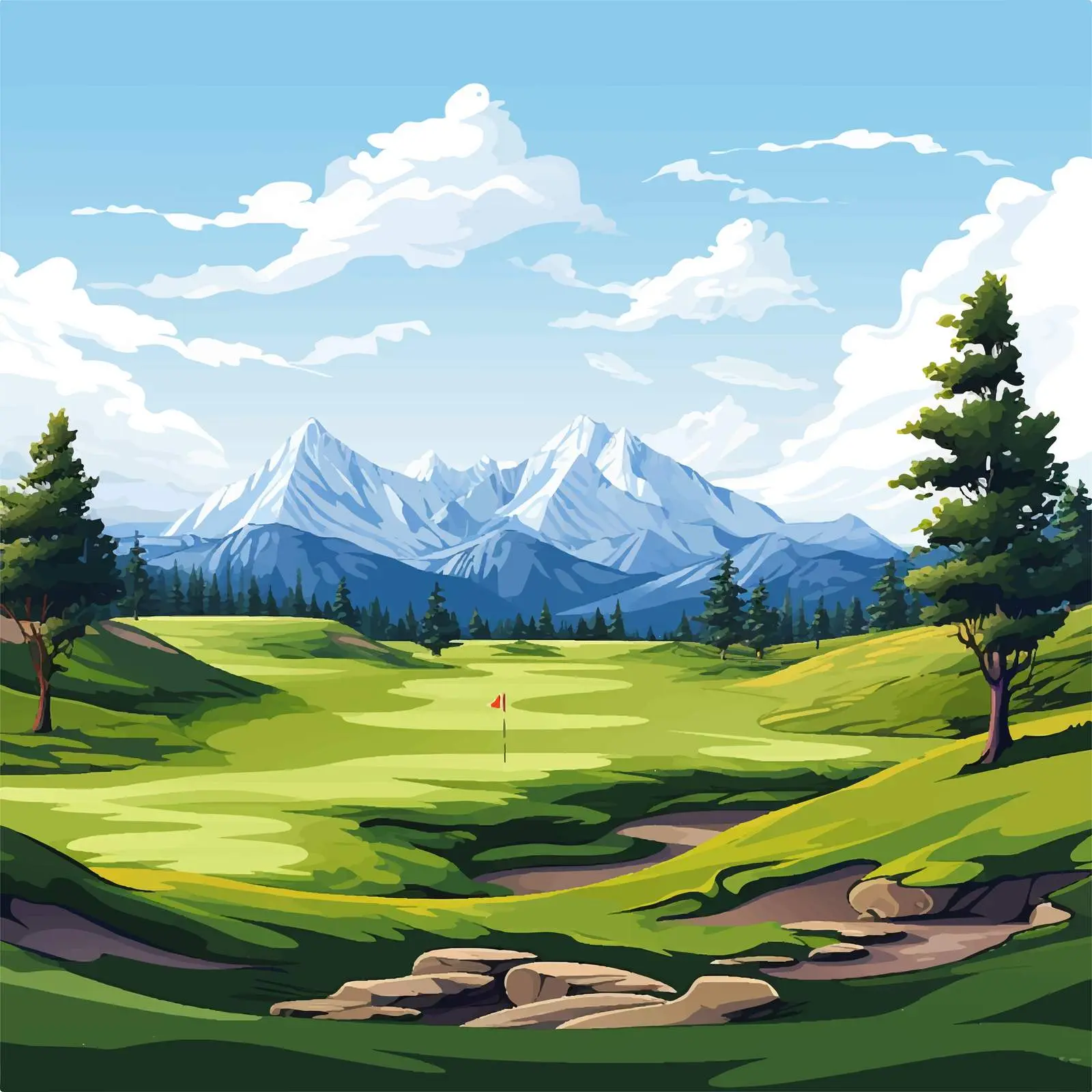 Golf Course Illustration with Mountain Background – free course image from Dotvec