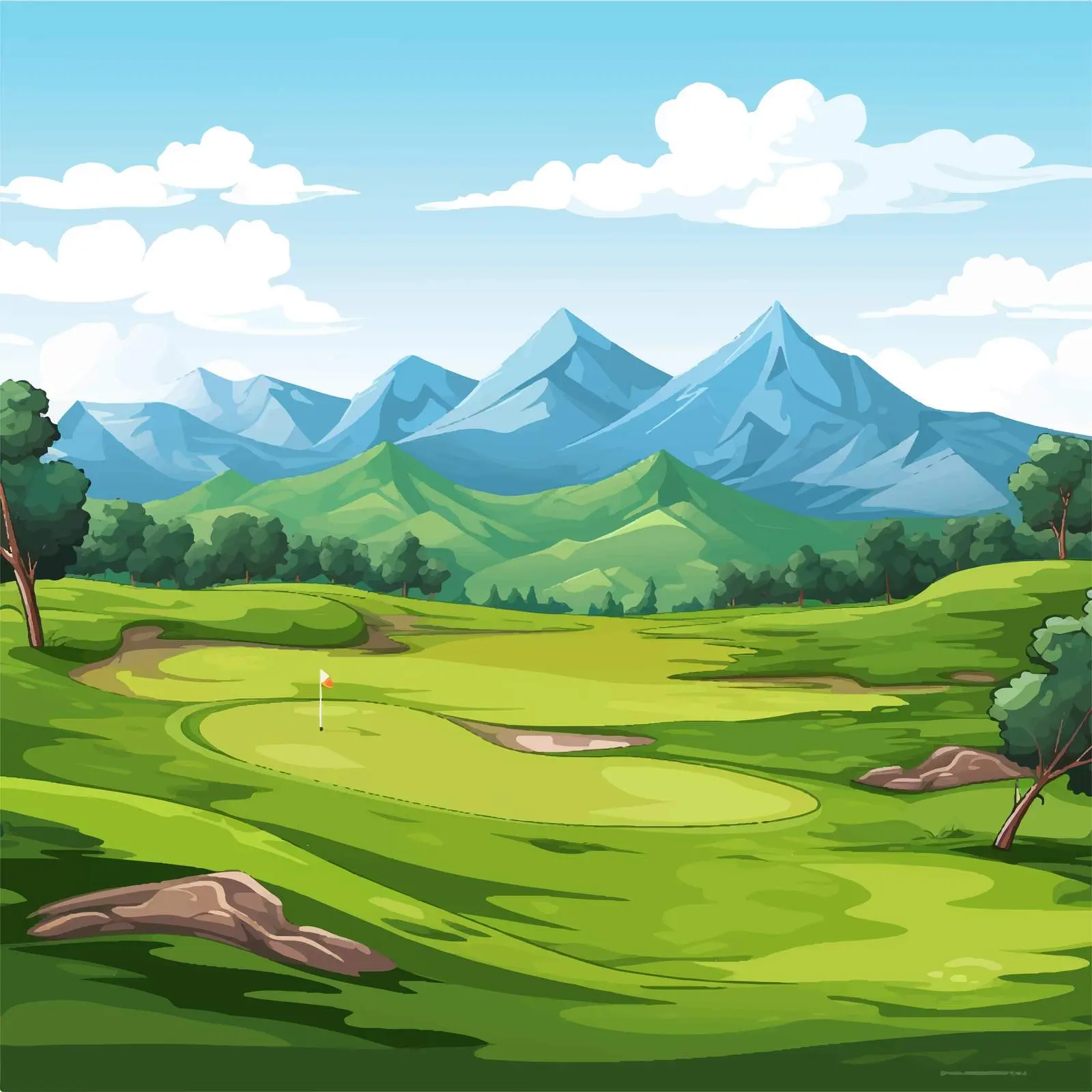 Golf Course Illustration with Mountain Background – free course image from Dotvec