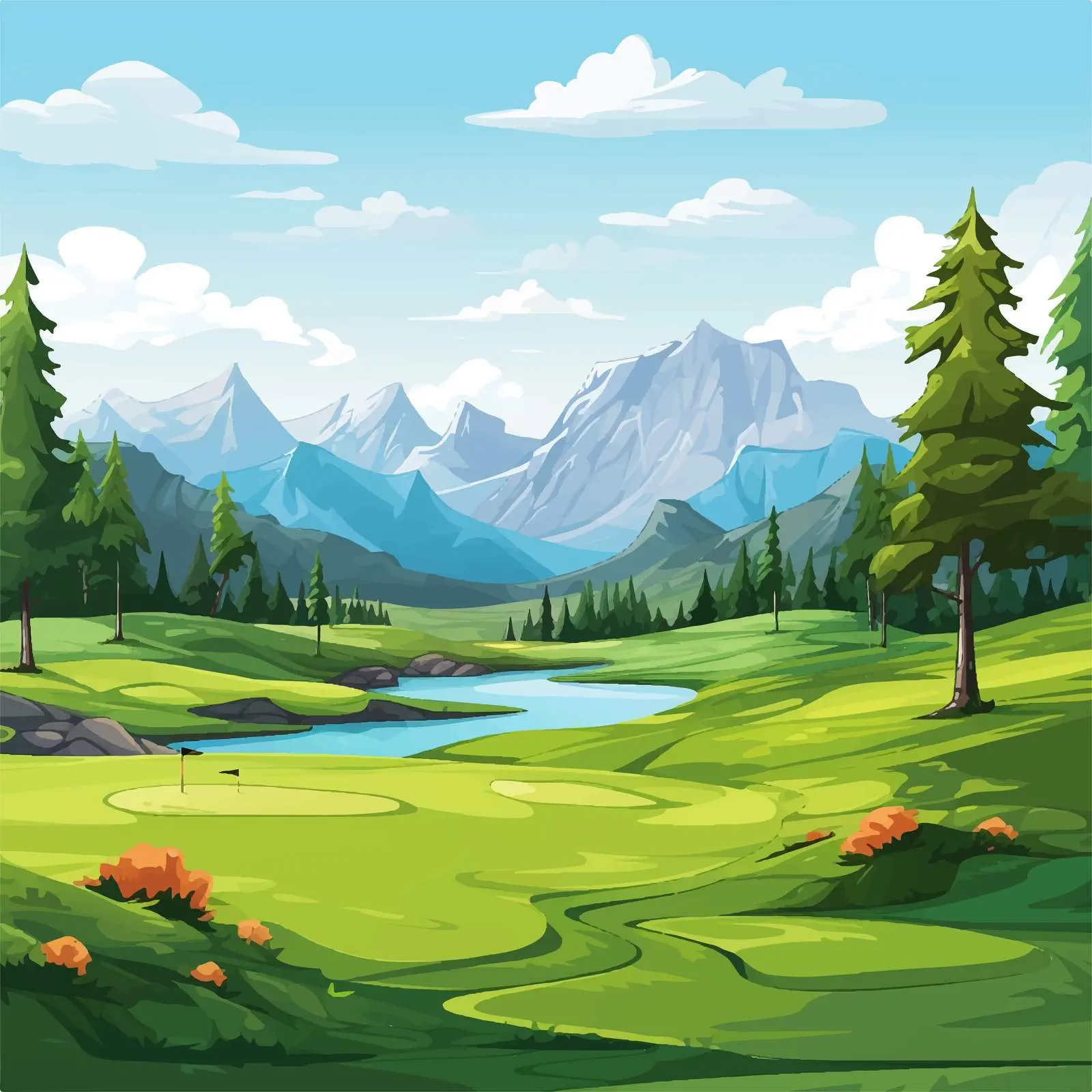 Golf Course Illustration with Mountain Background — free download from Dotvec