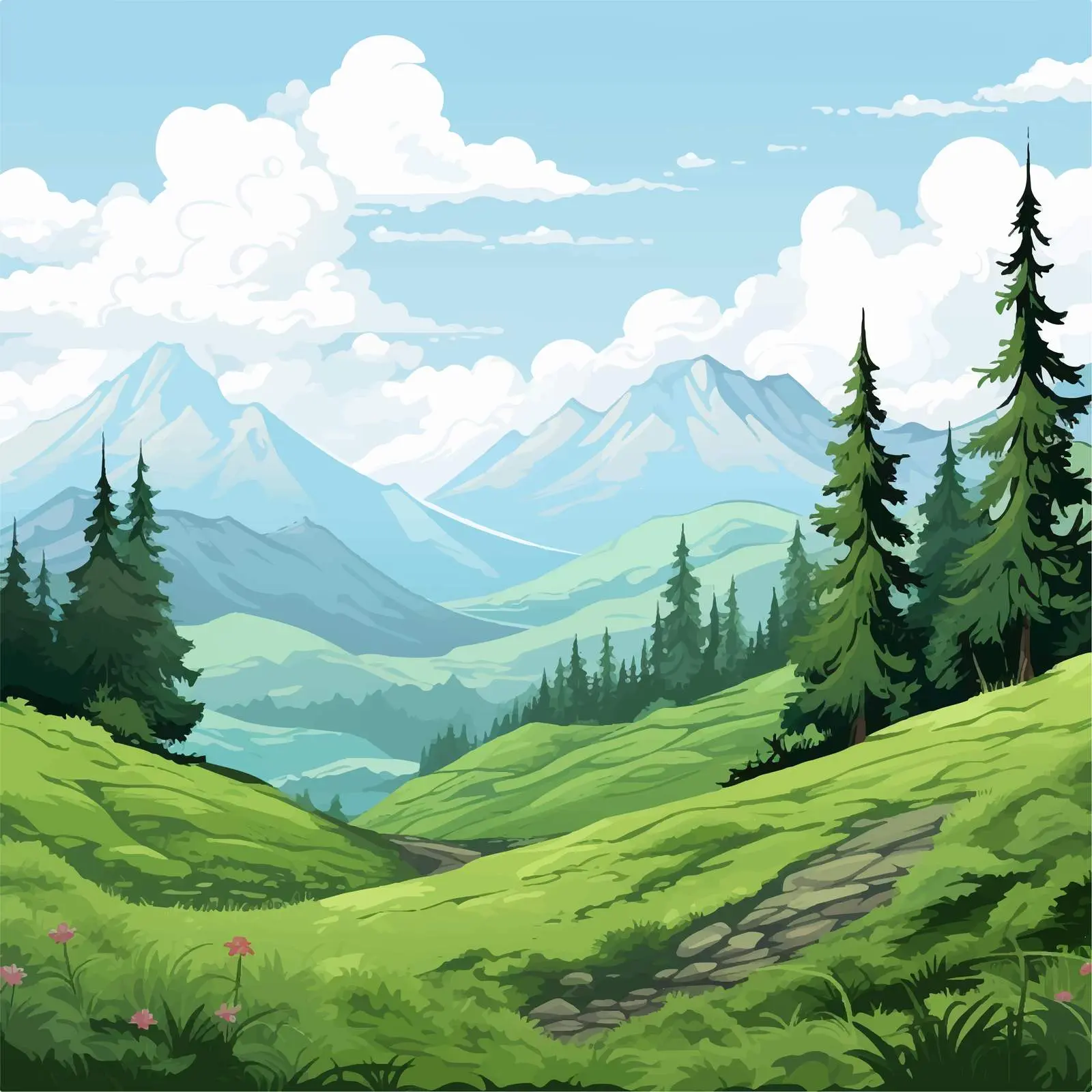 Green Forest Illustration in Mountain Landscape – free mountain illustration image from Dotvec