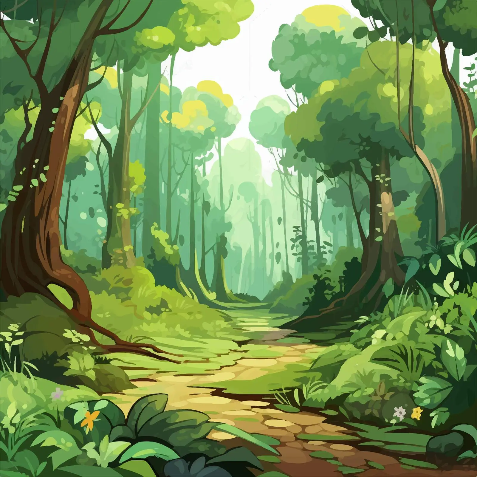 Cartoon Green Forest Illustration Vector Art – free artistic scenery image from Dotvec