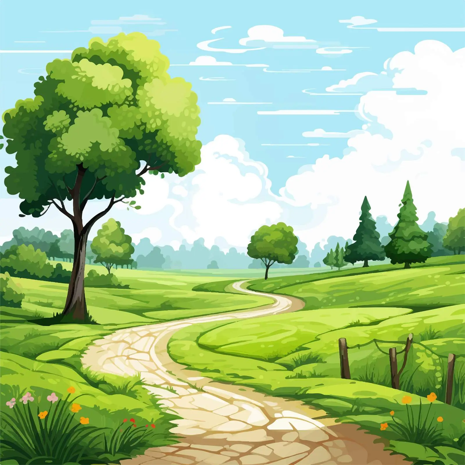 Green Landscape with Road Vector Illustration — free download from Dotvec