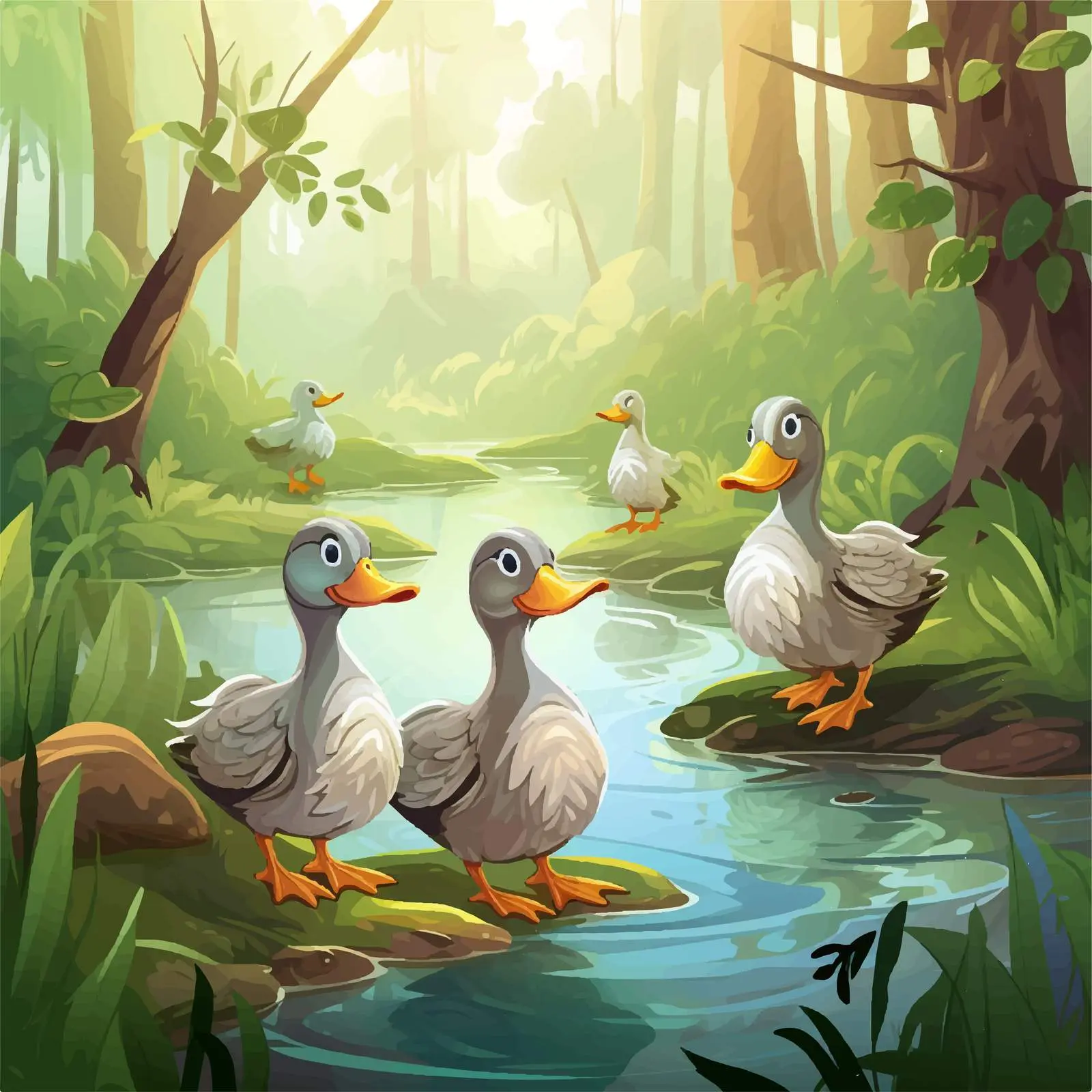 Ducks by the River in Forest Illustration — free download from Dotvec