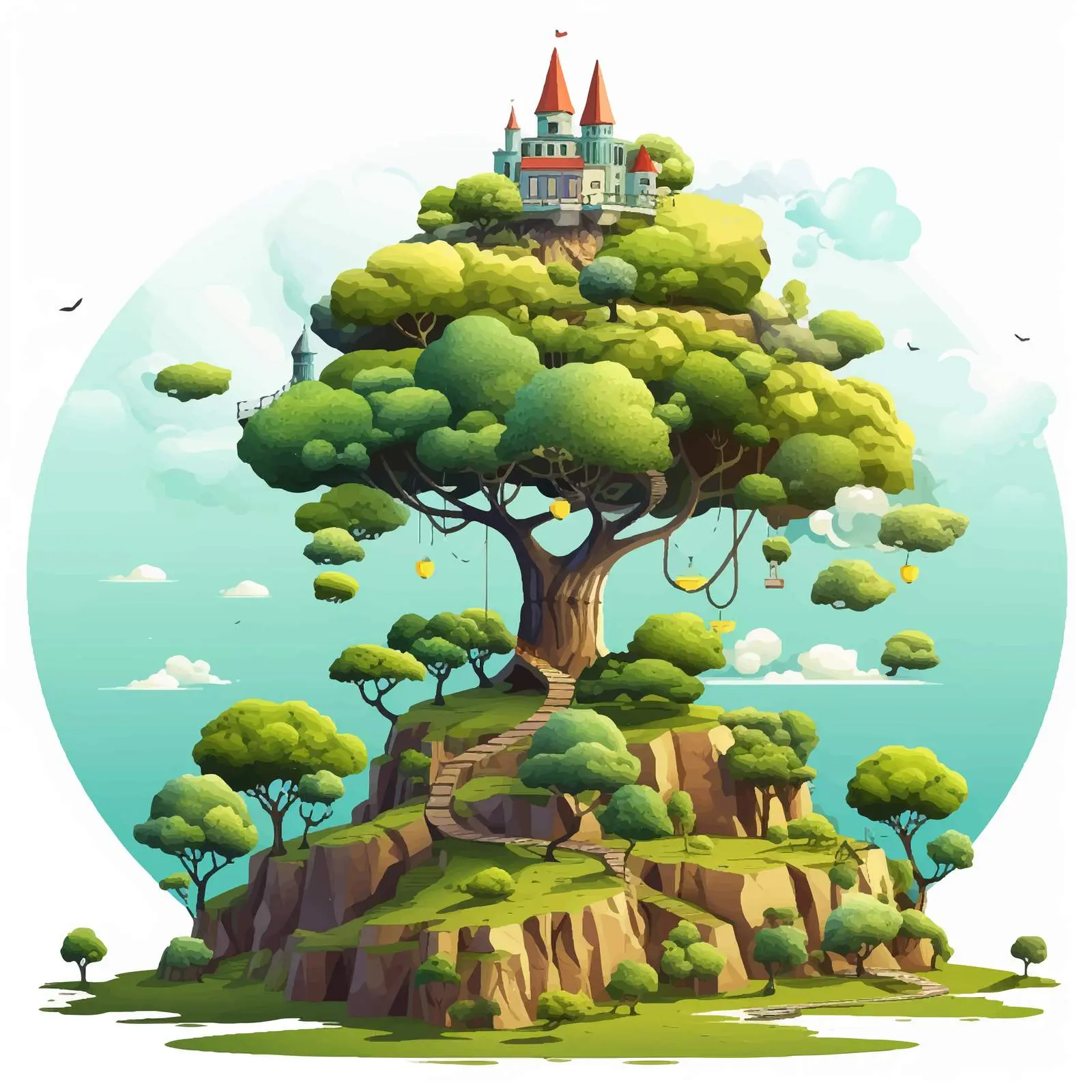 Hilltop Garden with Giant Tree Illustration — free download from Dotvec