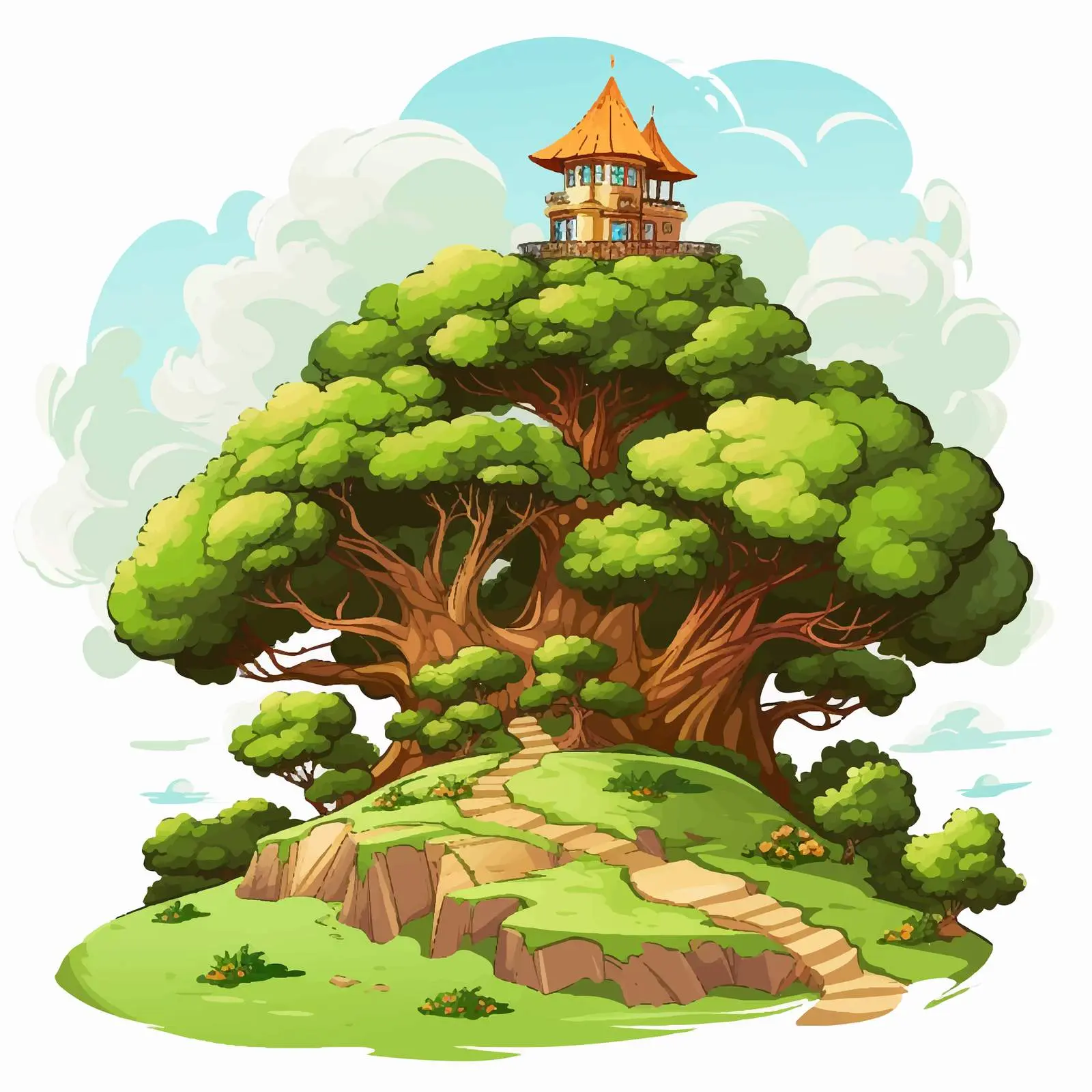 Hilltop Garden with Giant Tree Vector Illustration — free download from Dotvec