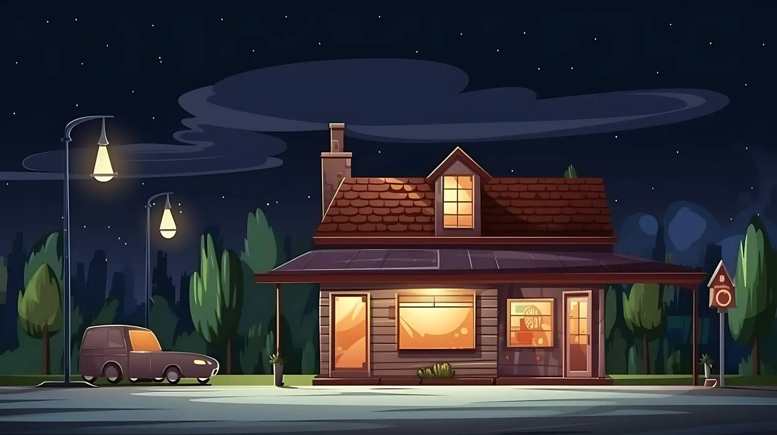 Nighttime House and Gas Station Illustration — free download from Dotvec