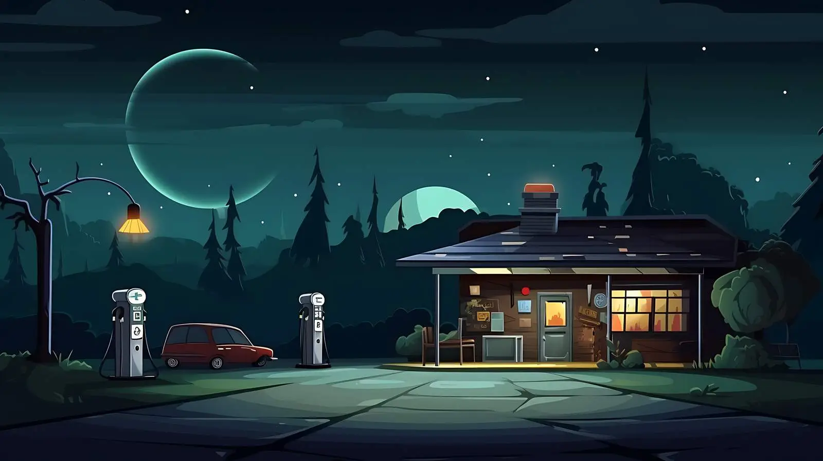 Nighttime House and Gas Station Illustration — free download from Dotvec