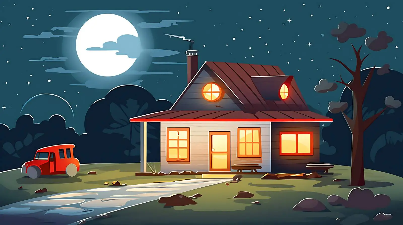 Illustration of House and Gas Station at Night — free download from Dotvec