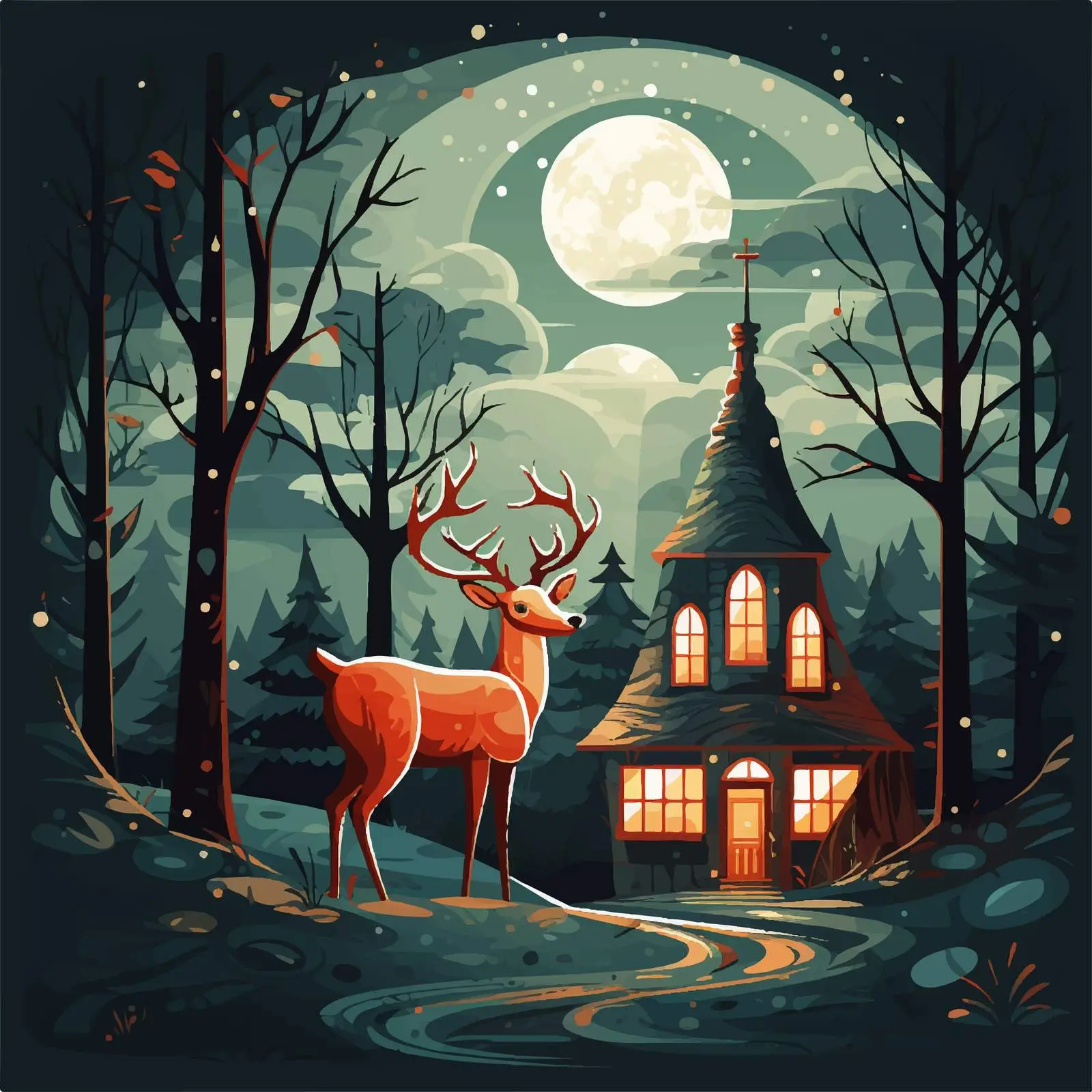 Night Scene with House and Reindeer Vector — free download from Dotvec