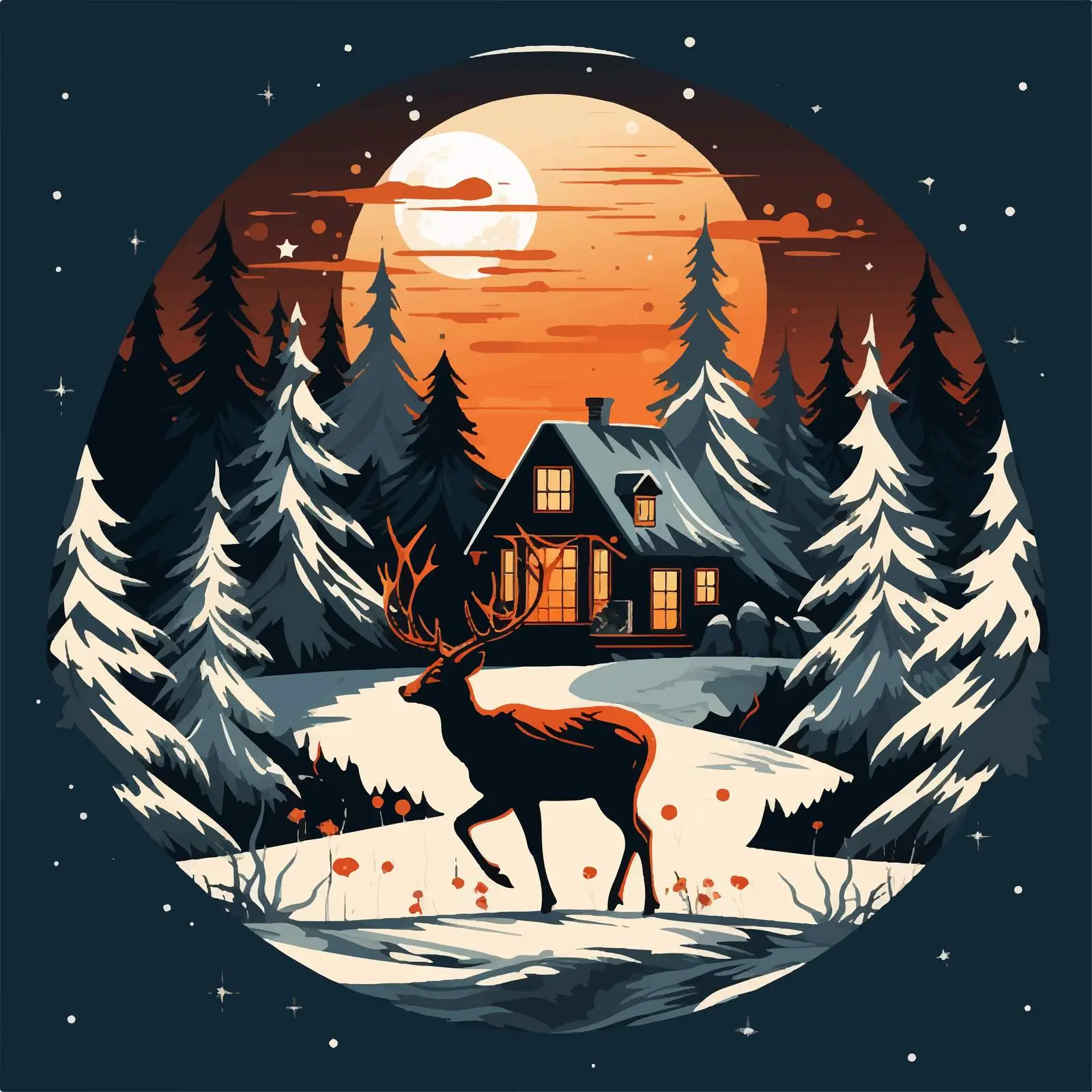 House and Reindeer at Night Vector Illustration — free download from Dotvec