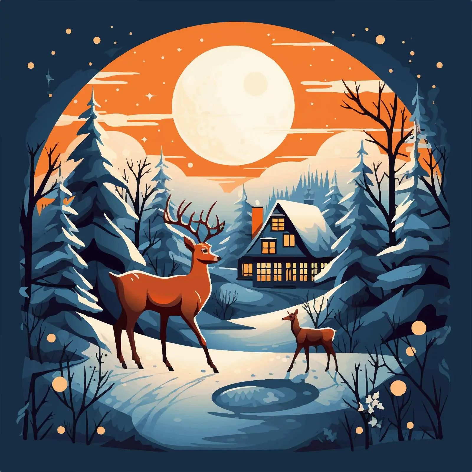 House and Reindeer Illustration in Night Scene — free download from Dotvec